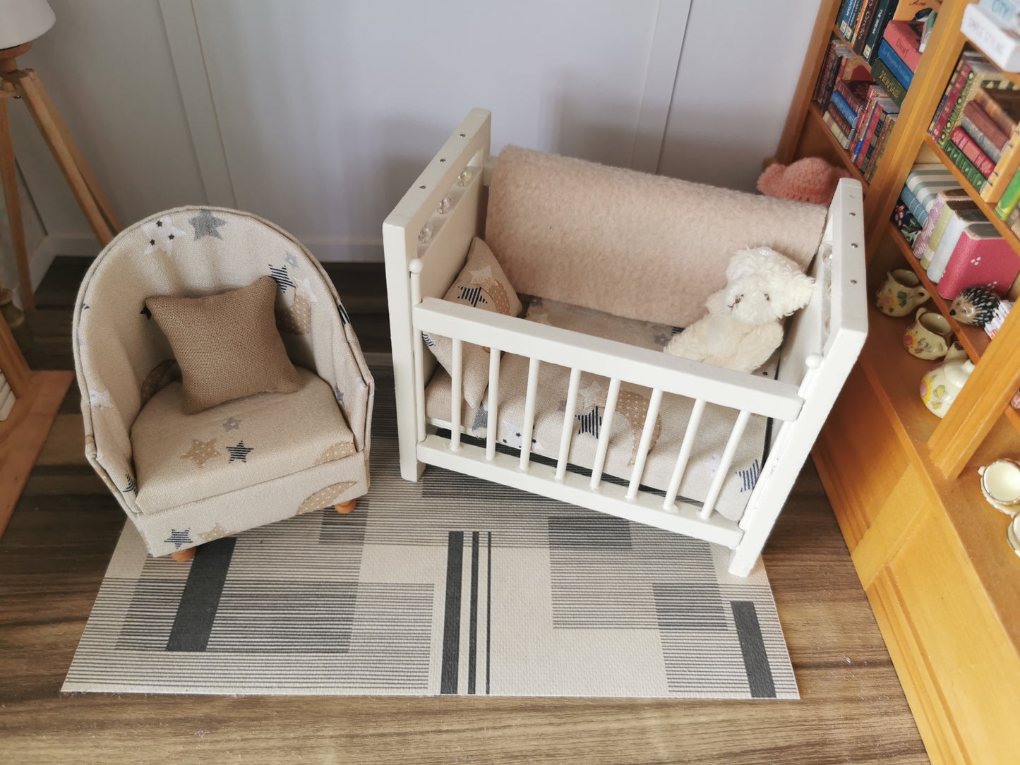Baby Cot & Tub Chair Set in Neutral Moon & Stars Print | 1:12th Scale | Handmade & Hand Finished