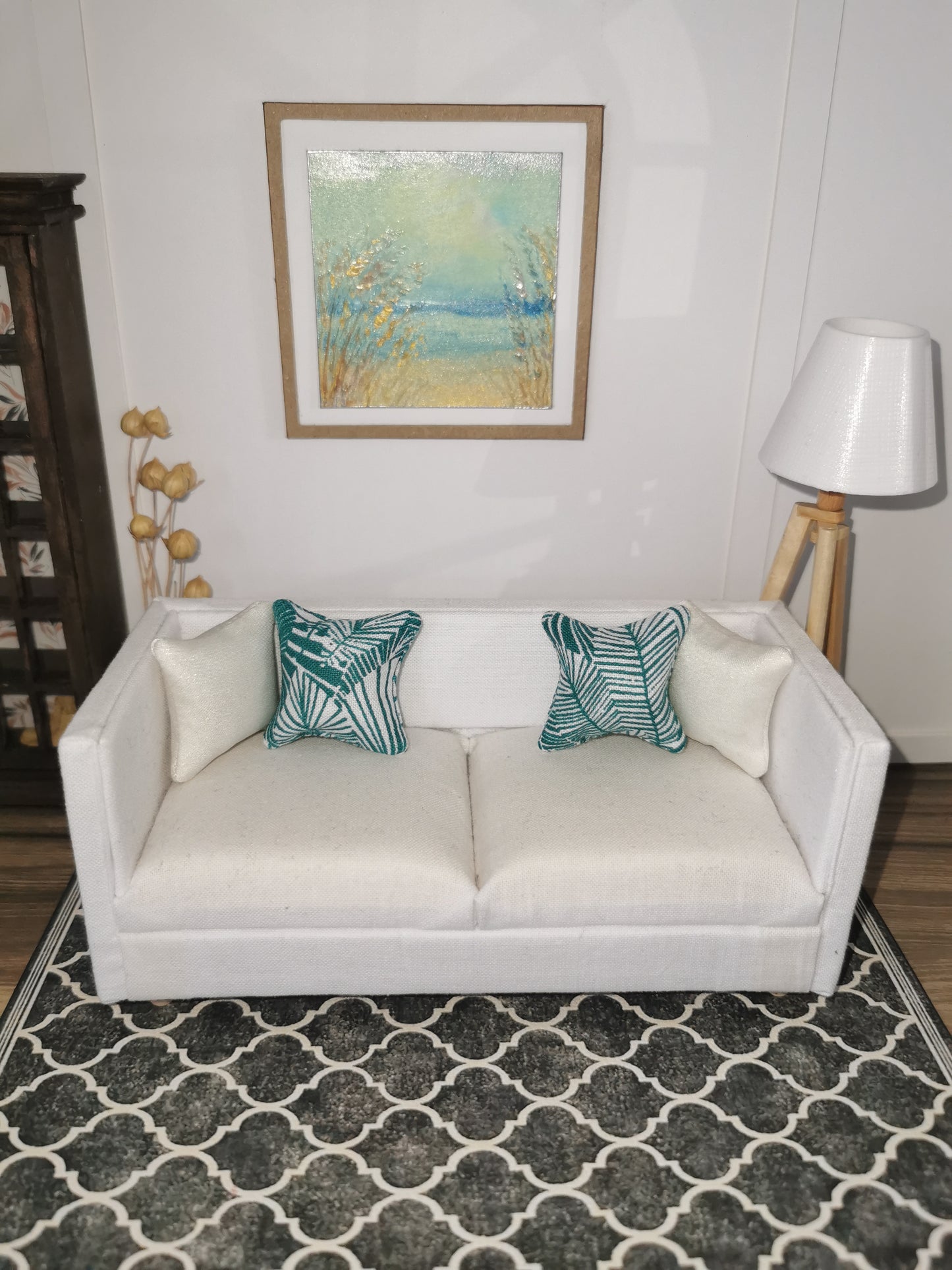 Teal/White Palm Print Cushion | 1:12th Scale | Handmade