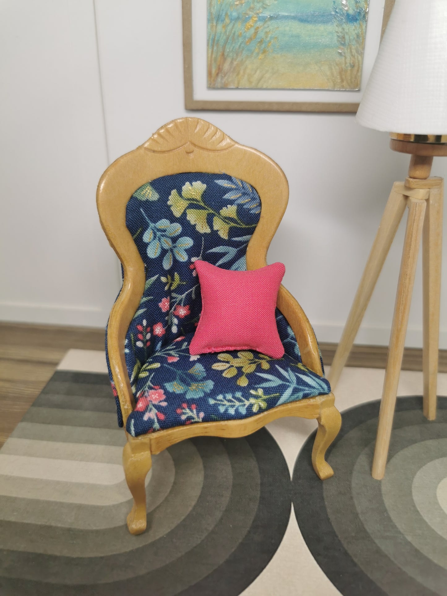 Chair in Light Wood & Navy Floral Print Fabric | 1:12th Scale | Hand Finished
