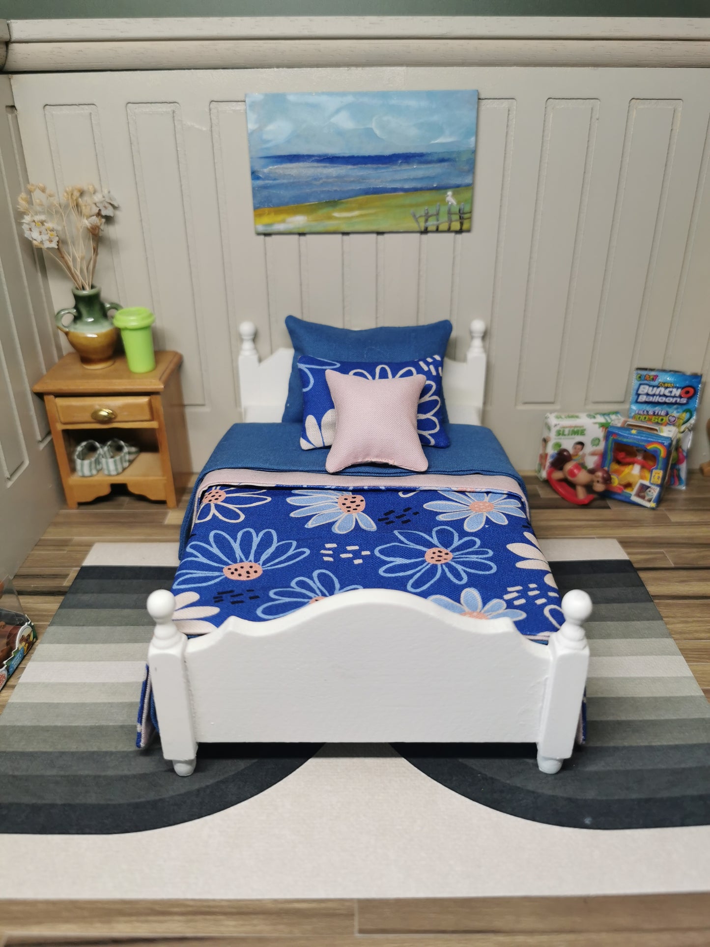 Blue Floral SINGLE Bed Linen Set | 1:12th Scale | Handmade | Set of 5