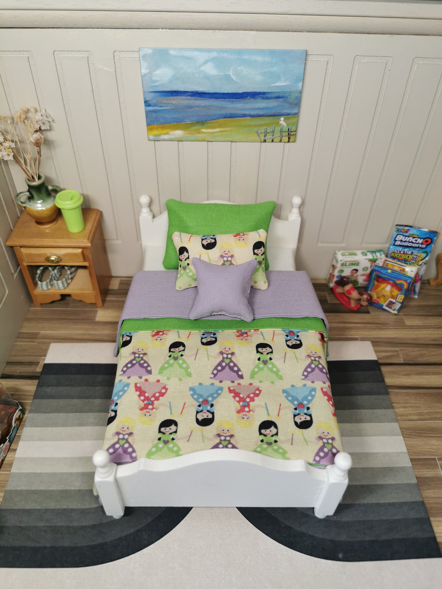 Green & Lavender Princess SINGLE Bed Linen Set | 1:12th Scale | Handmade | Set of 5