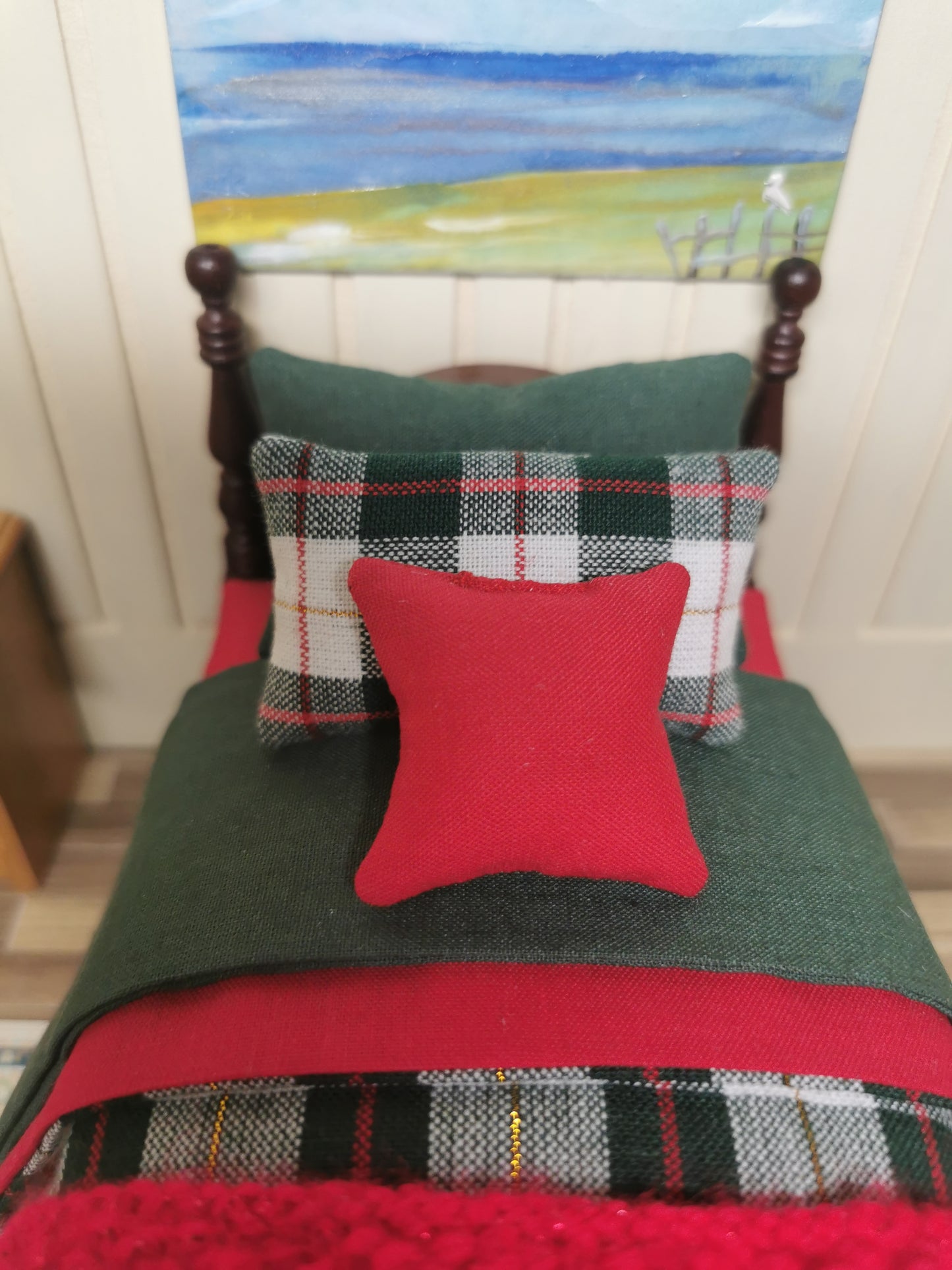 Single Bed in Green, Red & White Tartan Print | 1:12th Scale | Hand Finished