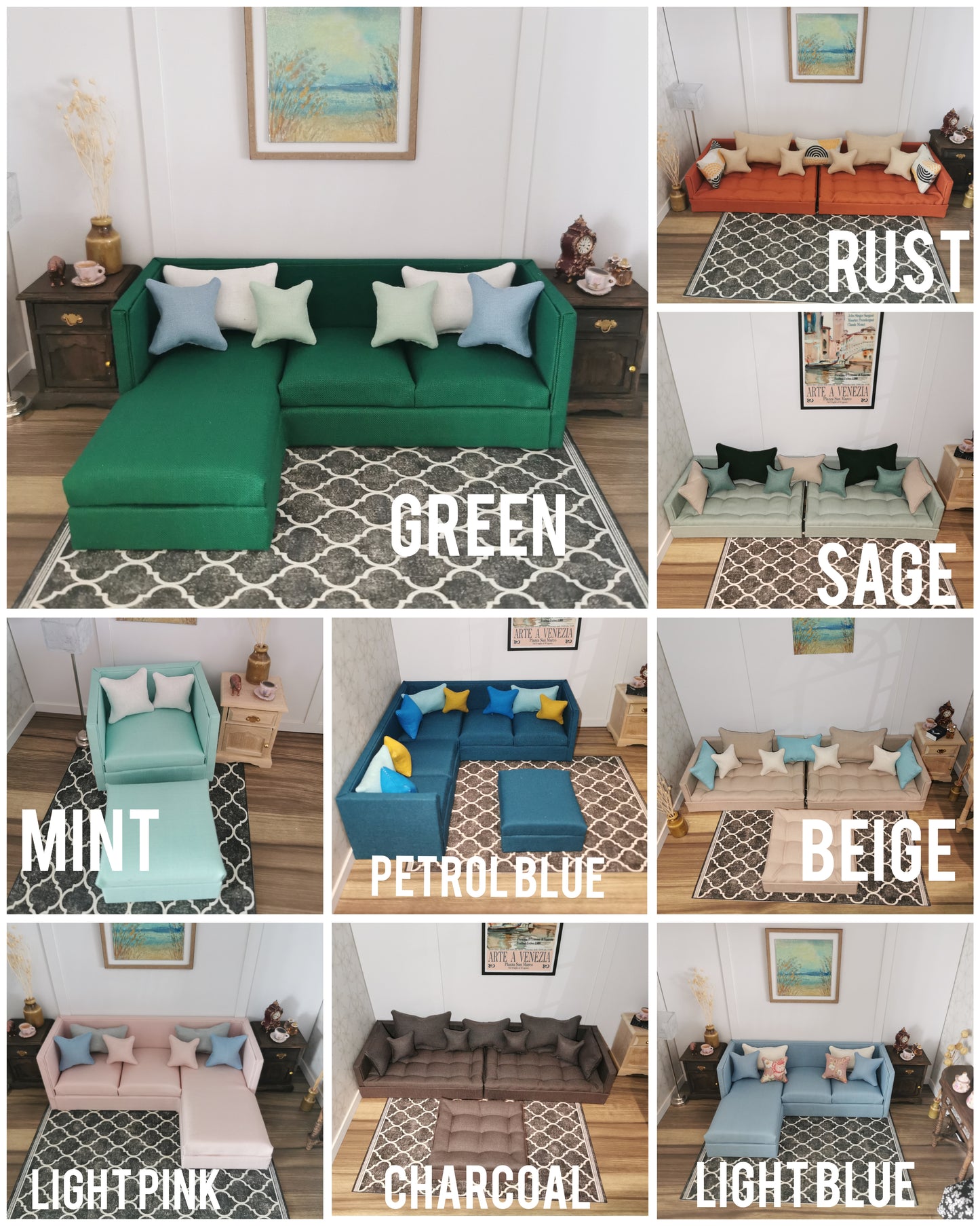 3 Seater Corner Sofa | 1:12th Scale | Made To Order | Cushions/Pillows included | Handmade - ZJ Miniatures