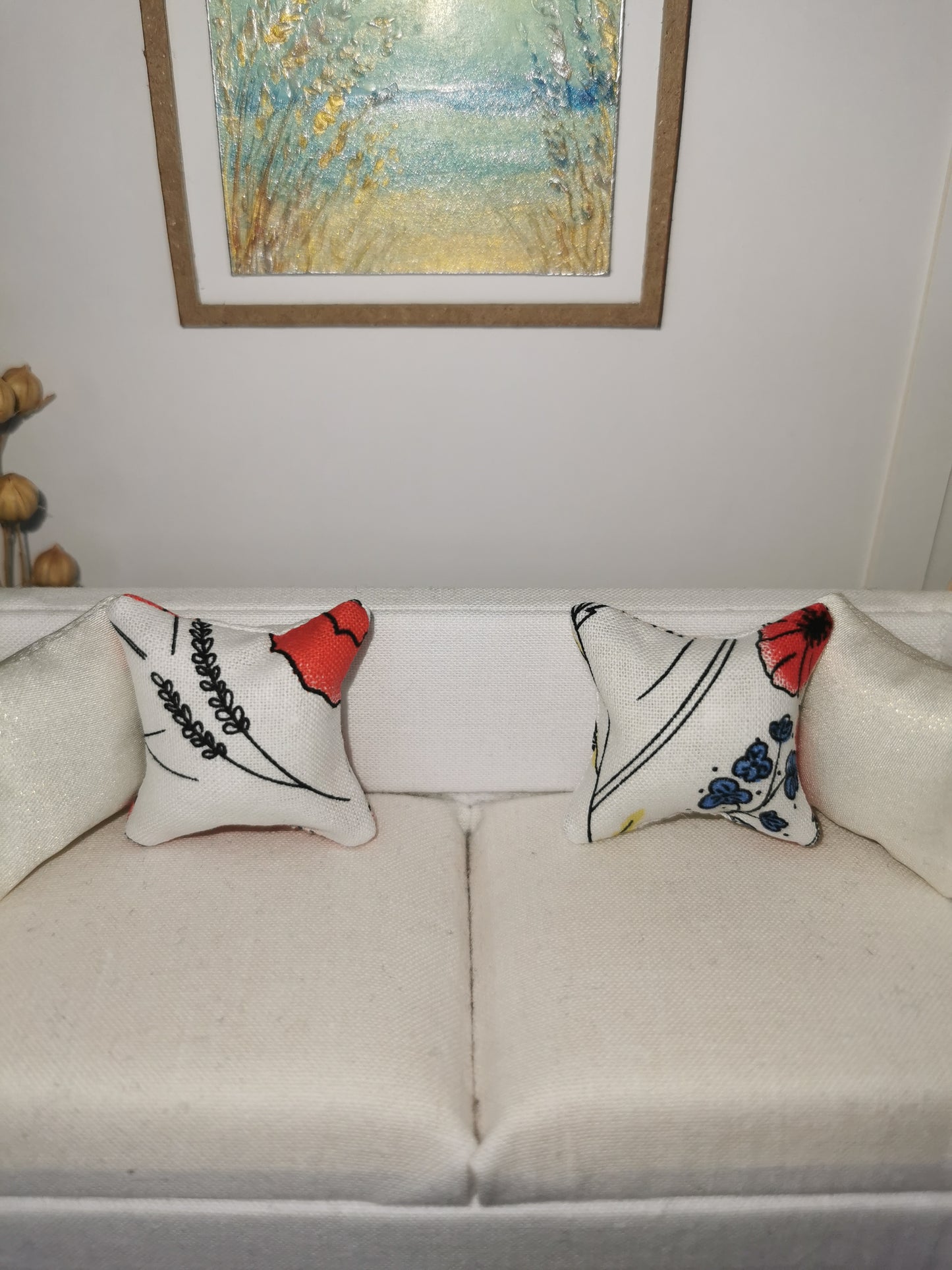 White Poppy Print Cushion | 1:12th Scale | Handmade