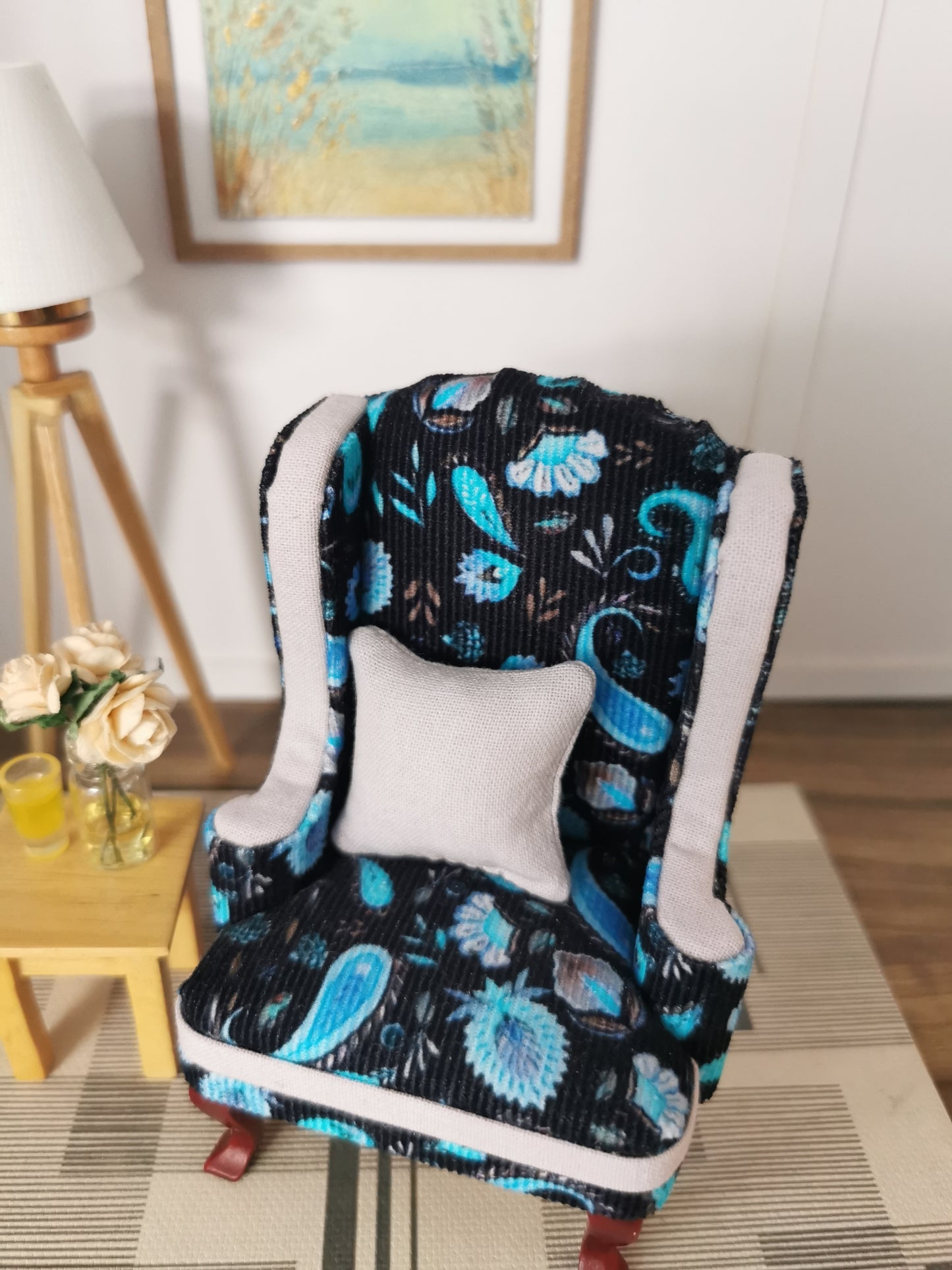 Wingback Chair in Baby Cord Paisley Print Fabric | 1:12th Scale | Hand Finished