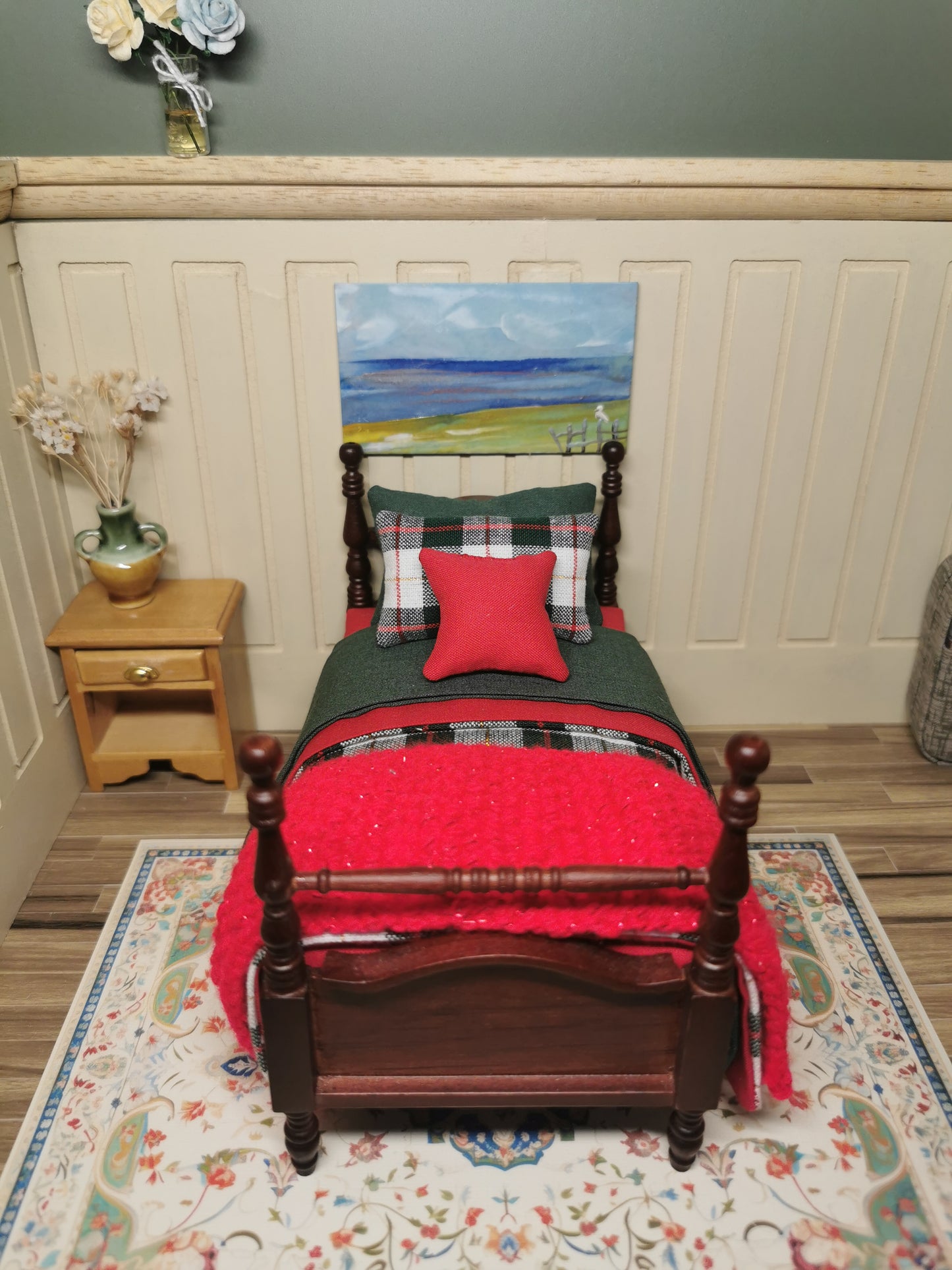 Single Bed in Green, Red & White Tartan Print | 1:12th Scale | Hand Finished