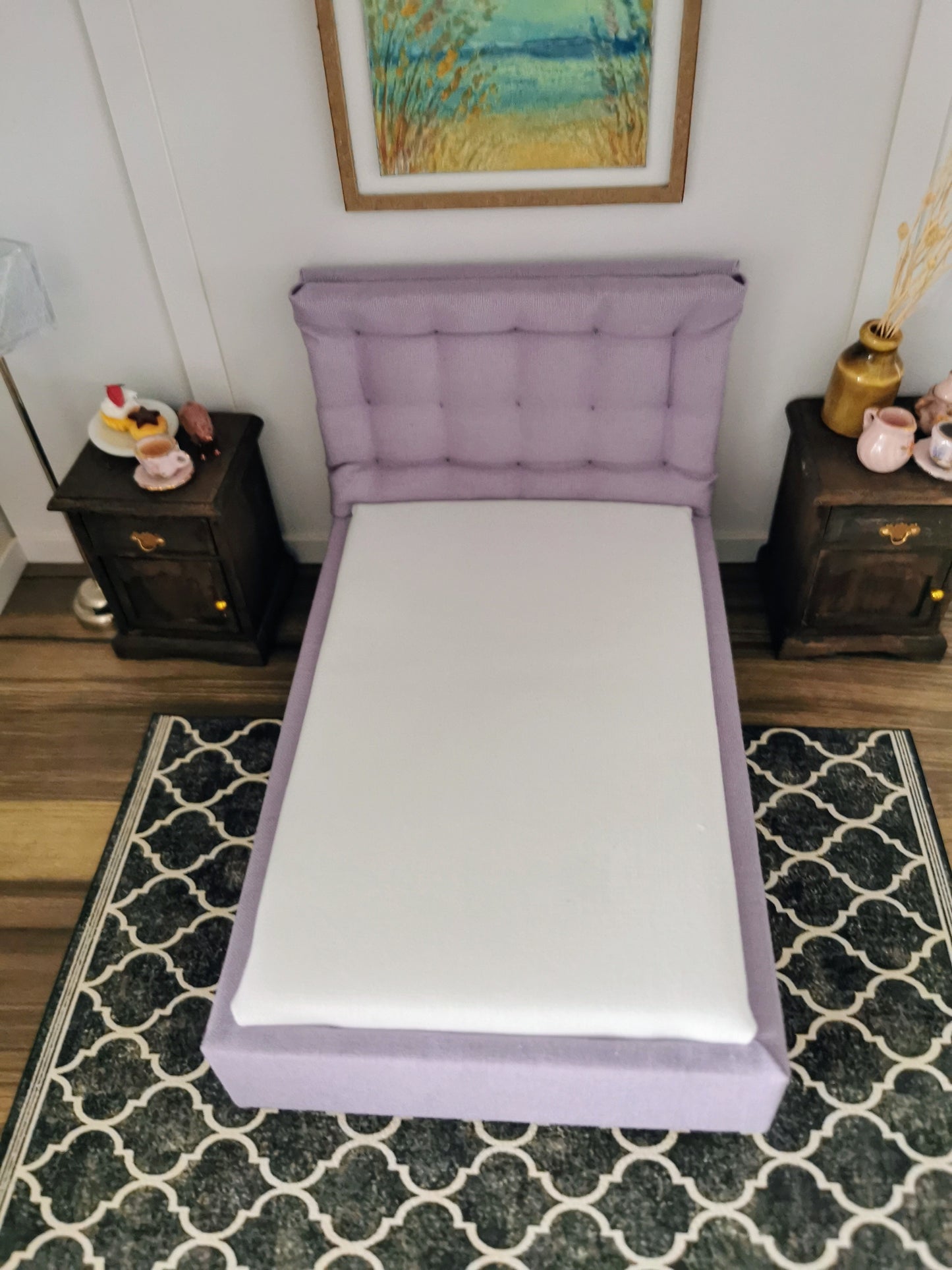 Single Bed with Tufted Headboard in 1:12th Scale | Made To Order | Handmade - ZJ Miniatures