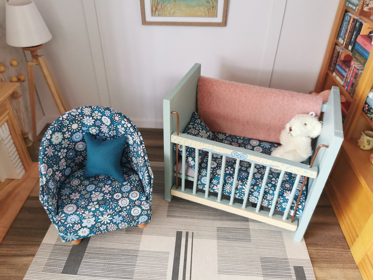 Baby Cot & Tub Chair Set in Petrol Blue Floral Print | 1:12th Scale | Handmade & Hand Finished