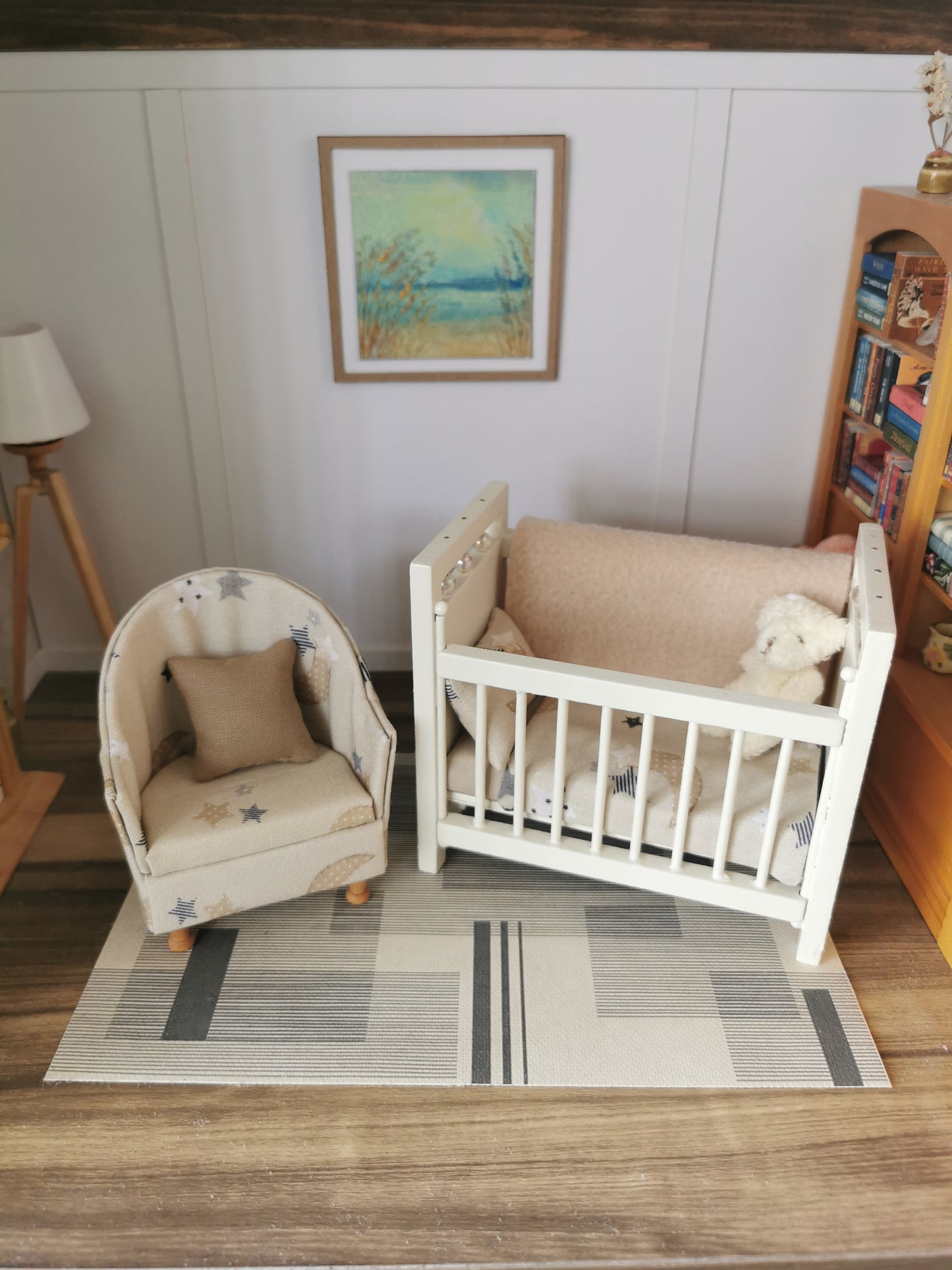 Baby Cot & Tub Chair Set in Neutral Moon & Stars Print | 1:12th Scale | Handmade & Hand Finished