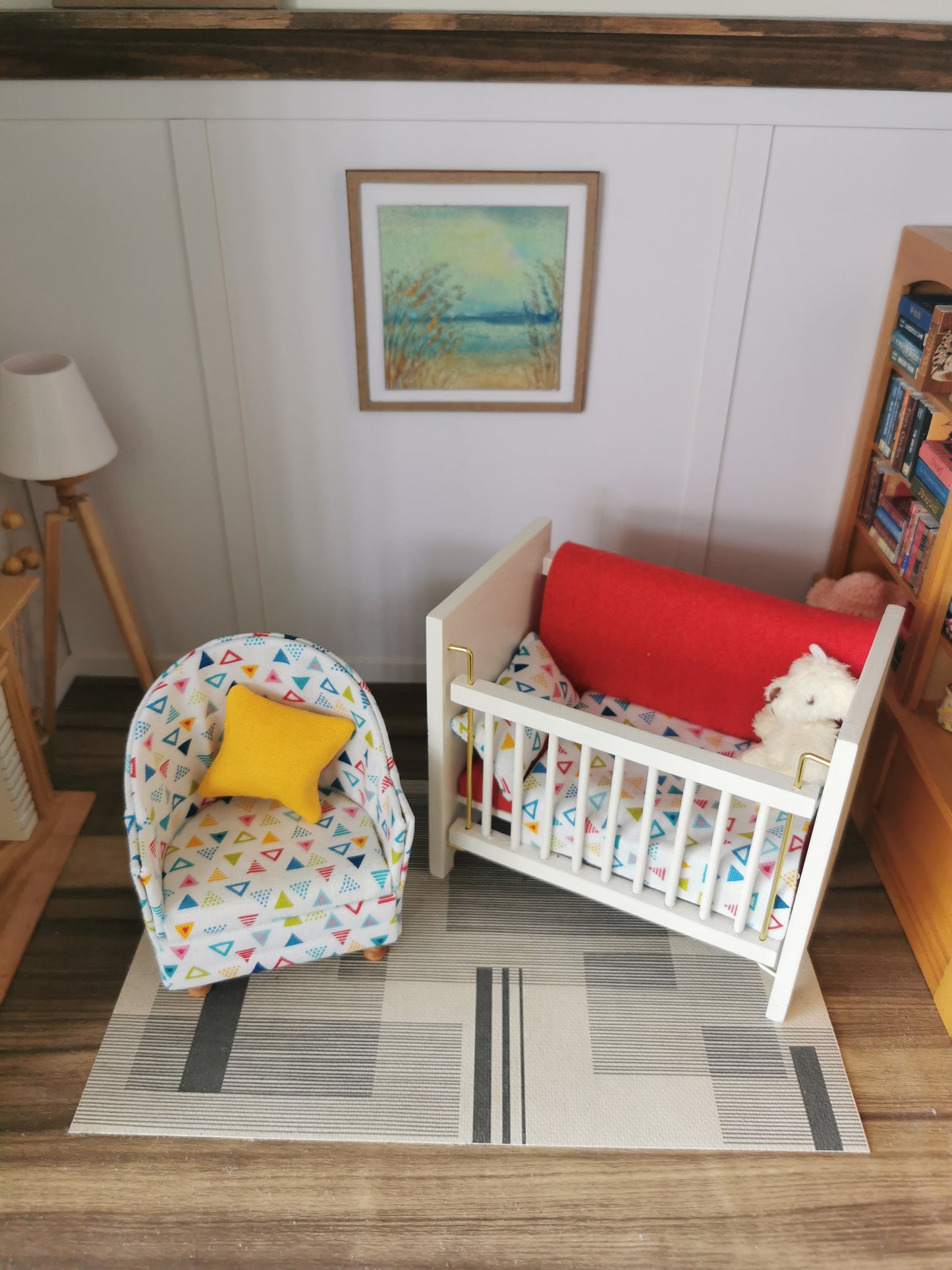 Baby Cot & Tub Chair Set in White Geo Print | 1:12th Scale | Handmade & Hand Finished