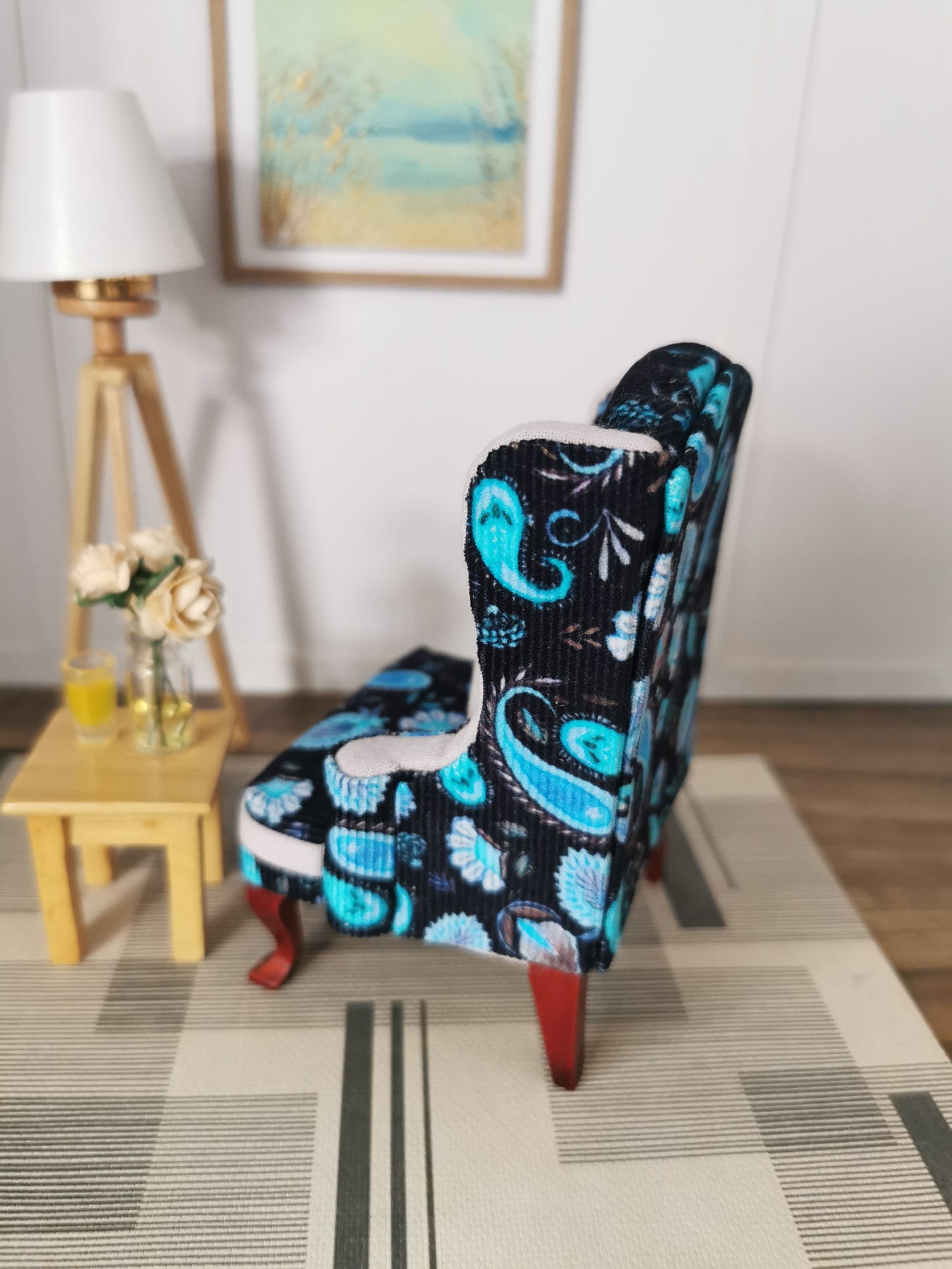 Wingback Chair in Baby Cord Paisley Print Fabric | 1:12th Scale | Hand Finished