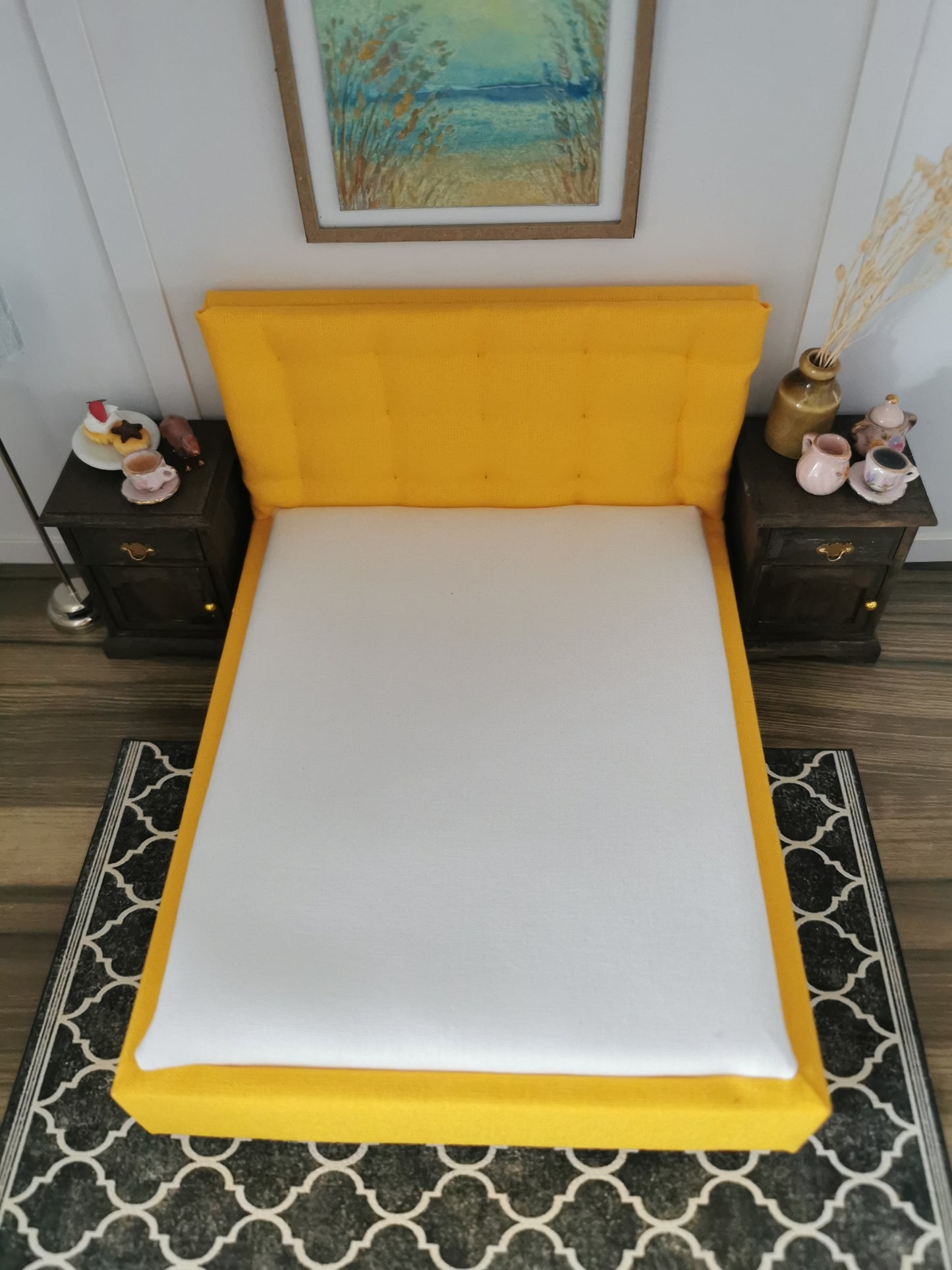 Double Bed with Tufted Headboard | 1:12th Scale | Made To Order | Handmade - ZJ Miniatures