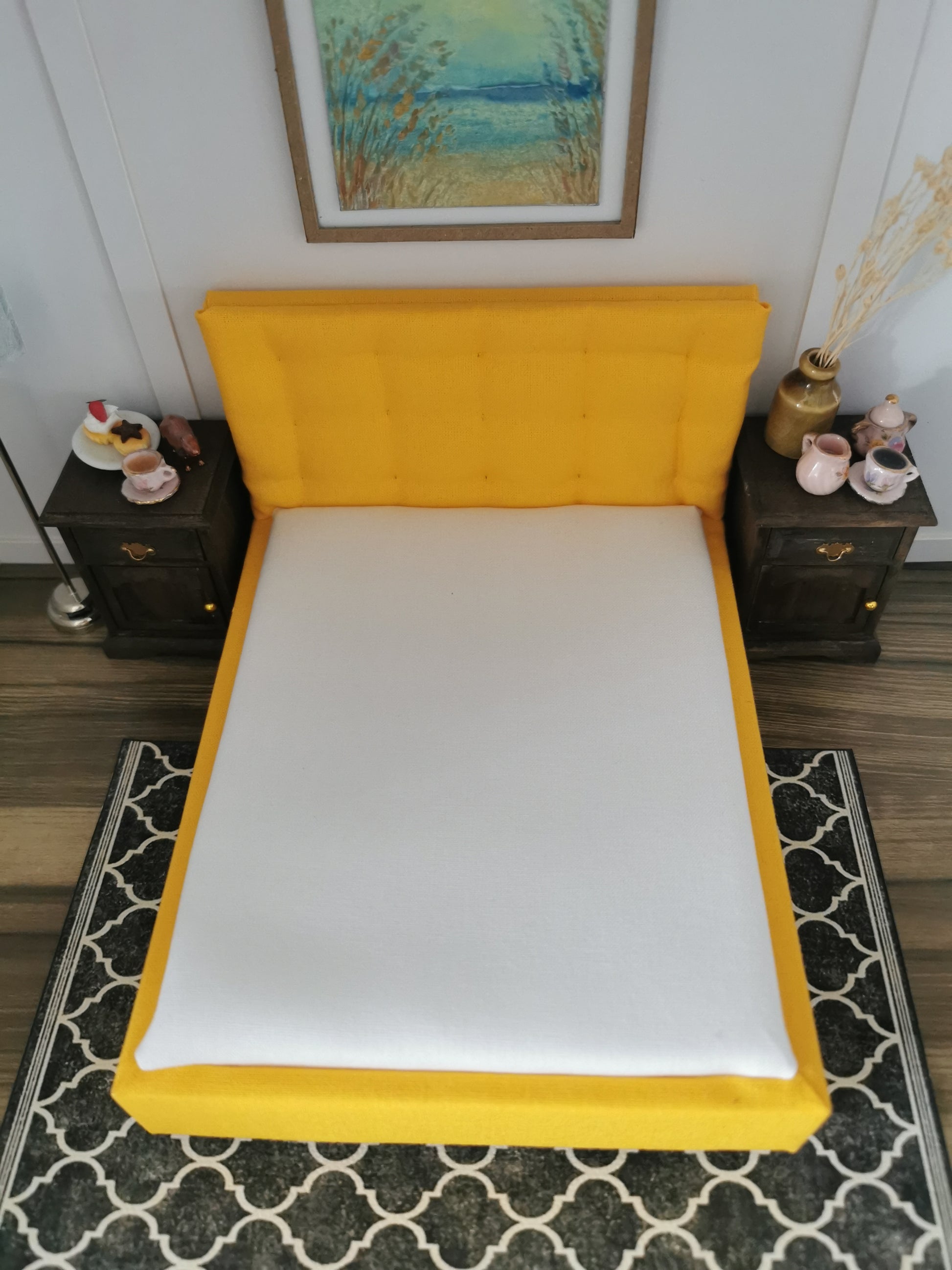 Double Bed with Tufted Headboard | 1:12th Scale | Made To Order | Handmade - ZJ Miniatures