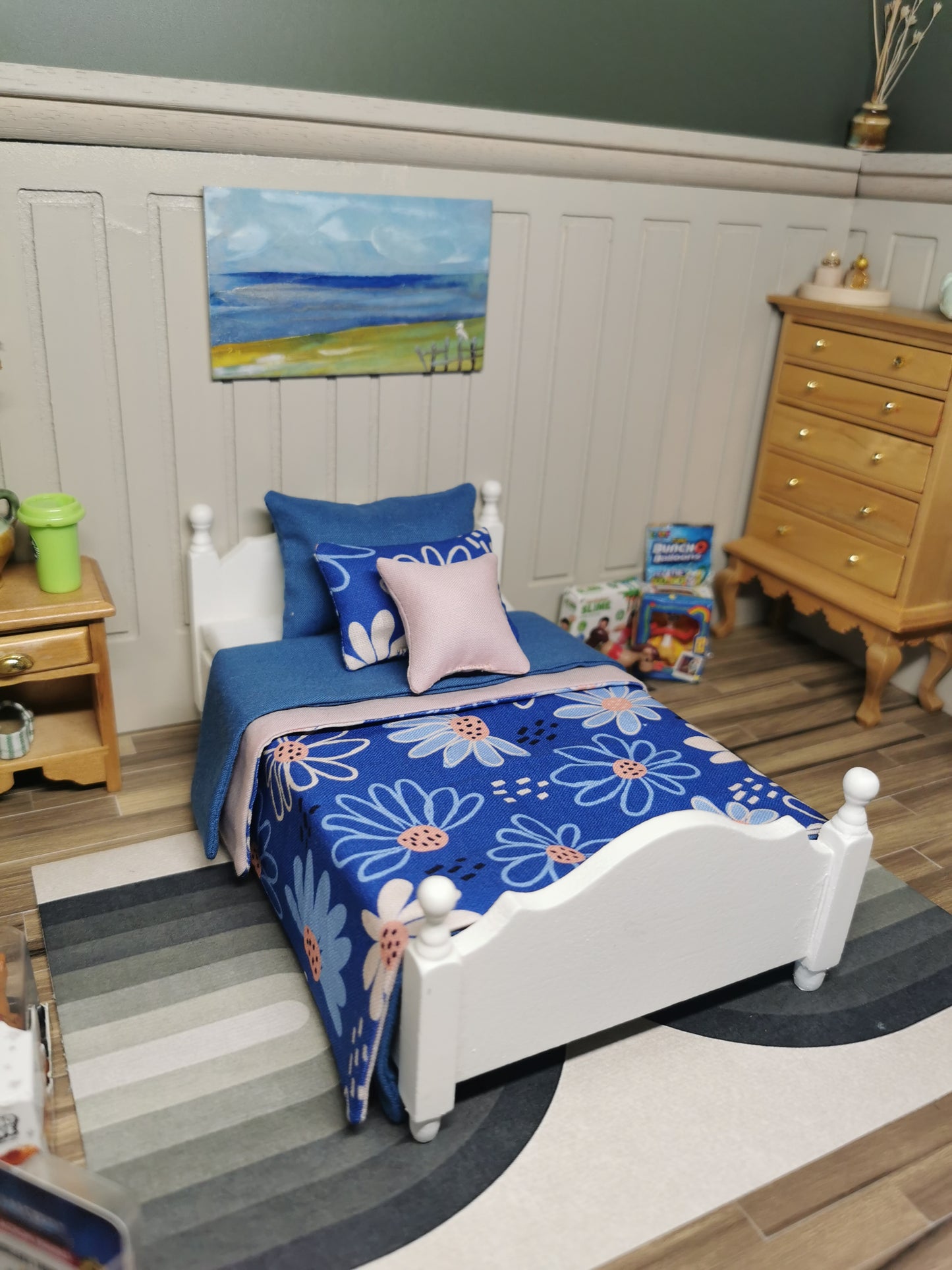 Blue Floral SINGLE Bed Linen Set | 1:12th Scale | Handmade | Set of 5