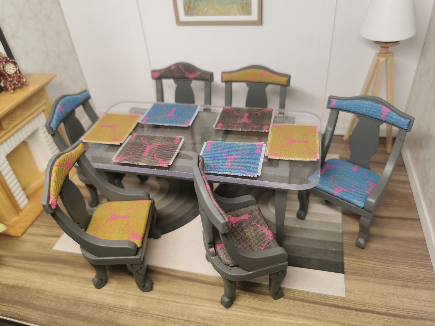 Table & Chairs in Grey with a Stag Print Fabric | 1:12th Scale | Hand Finished