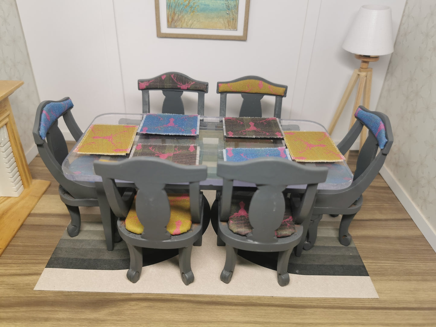 Table & Chairs in Grey with a Stag Print Fabric | 1:12th Scale | Hand Finished