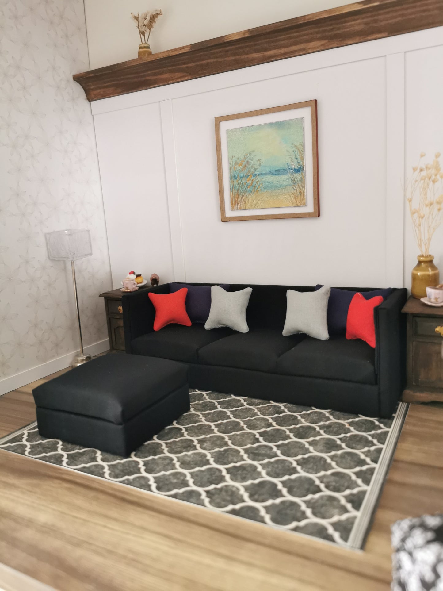 3 Seater Sofa & Ottoman | 1:12th Scale | Made To Order | Cushions/Pillows included | Handmade - ZJ Miniatures
