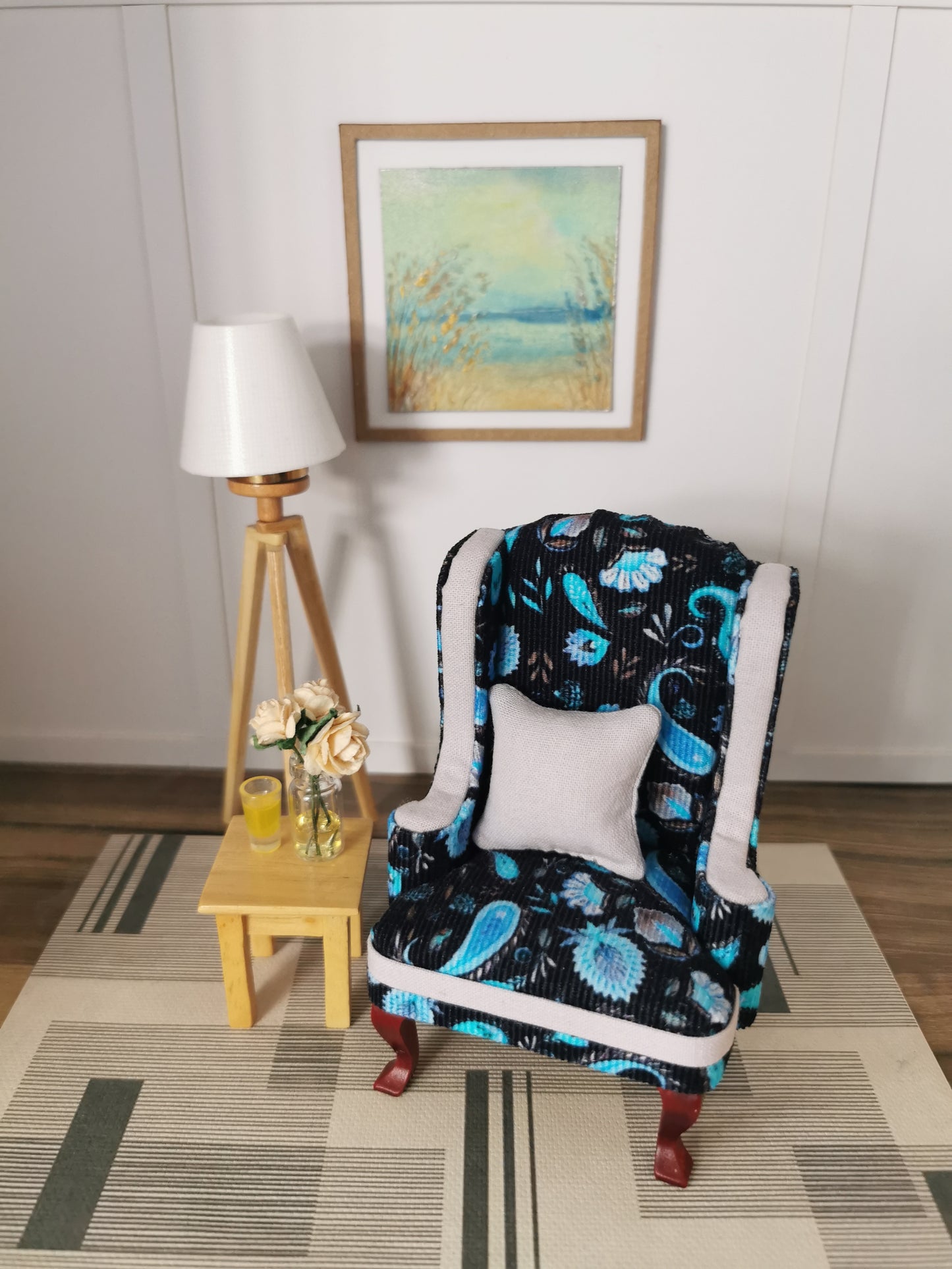 Wingback Chair in Baby Cord Paisley Print Fabric | 1:12th Scale | Hand Finished