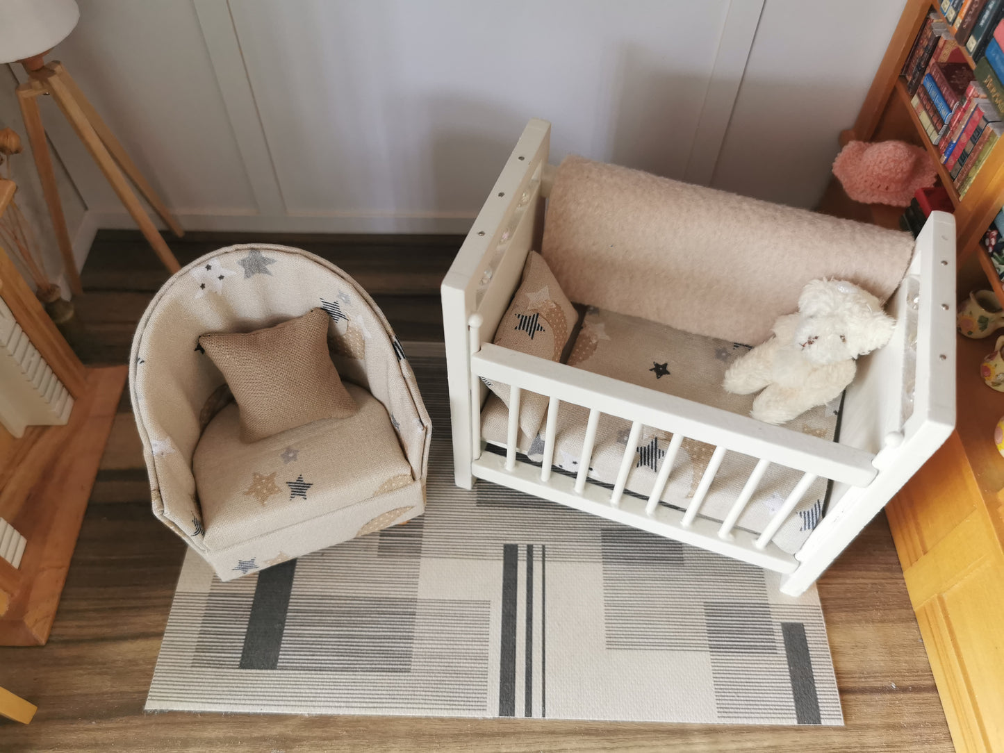 Baby Cot & Tub Chair Set in Neutral Moon & Stars Print | 1:12th Scale | Handmade & Hand Finished