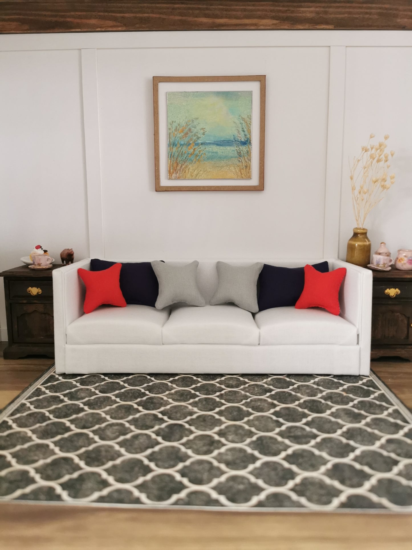 3 Seater Sofa & Ottoman | 1:12th Scale | Made To Order | Cushions/Pillows included | Handmade - ZJ Miniatures