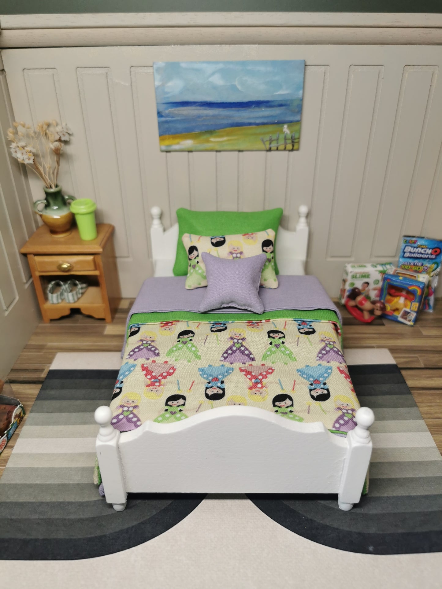 Green & Lavender Princess SINGLE Bed Linen Set | 1:12th Scale | Handmade | Set of 5