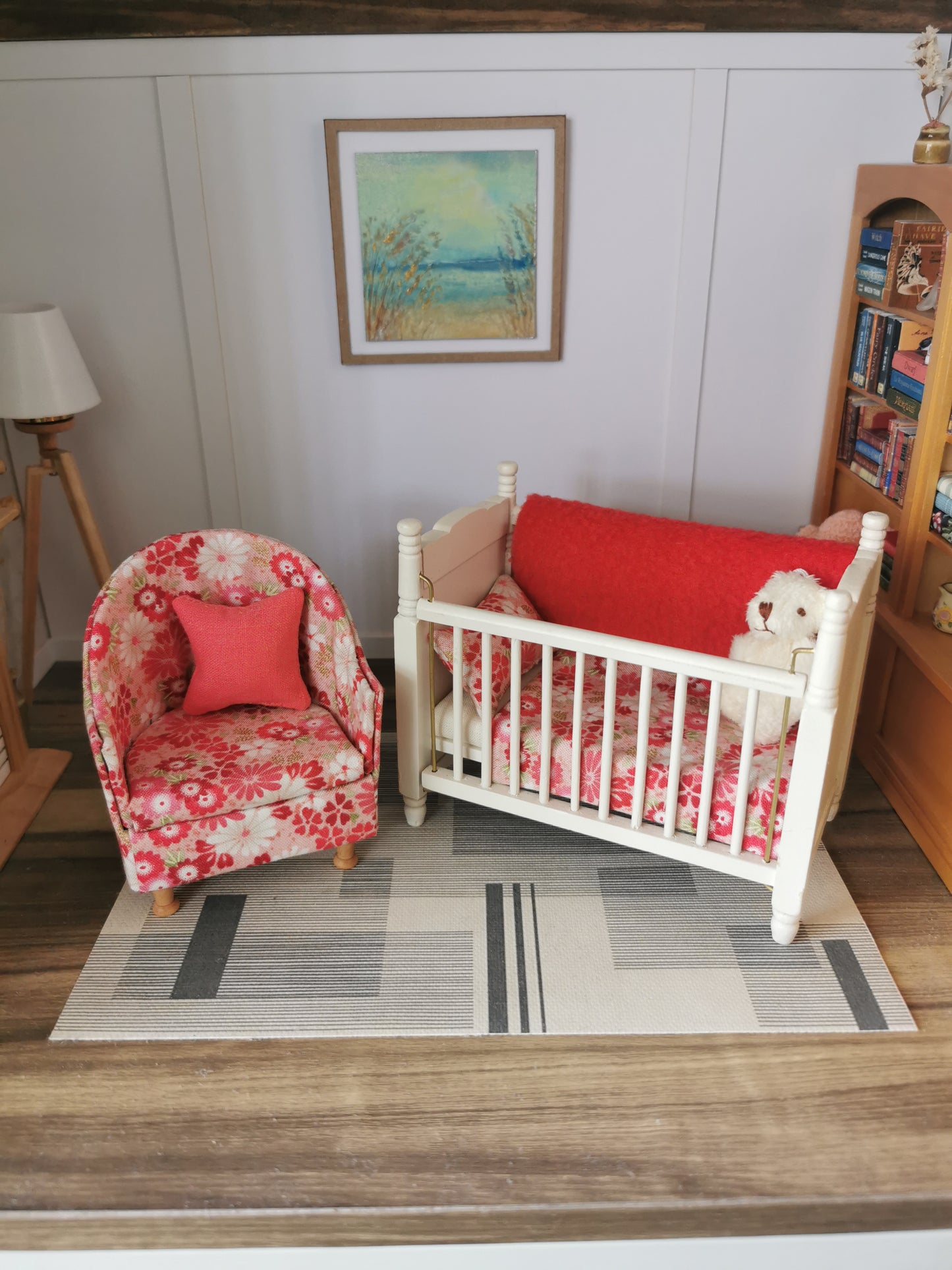 Baby Cot & Tub Chair Set in Cream & Pink Floral Print | 1:12th Scale | Handmade & Hand Finished