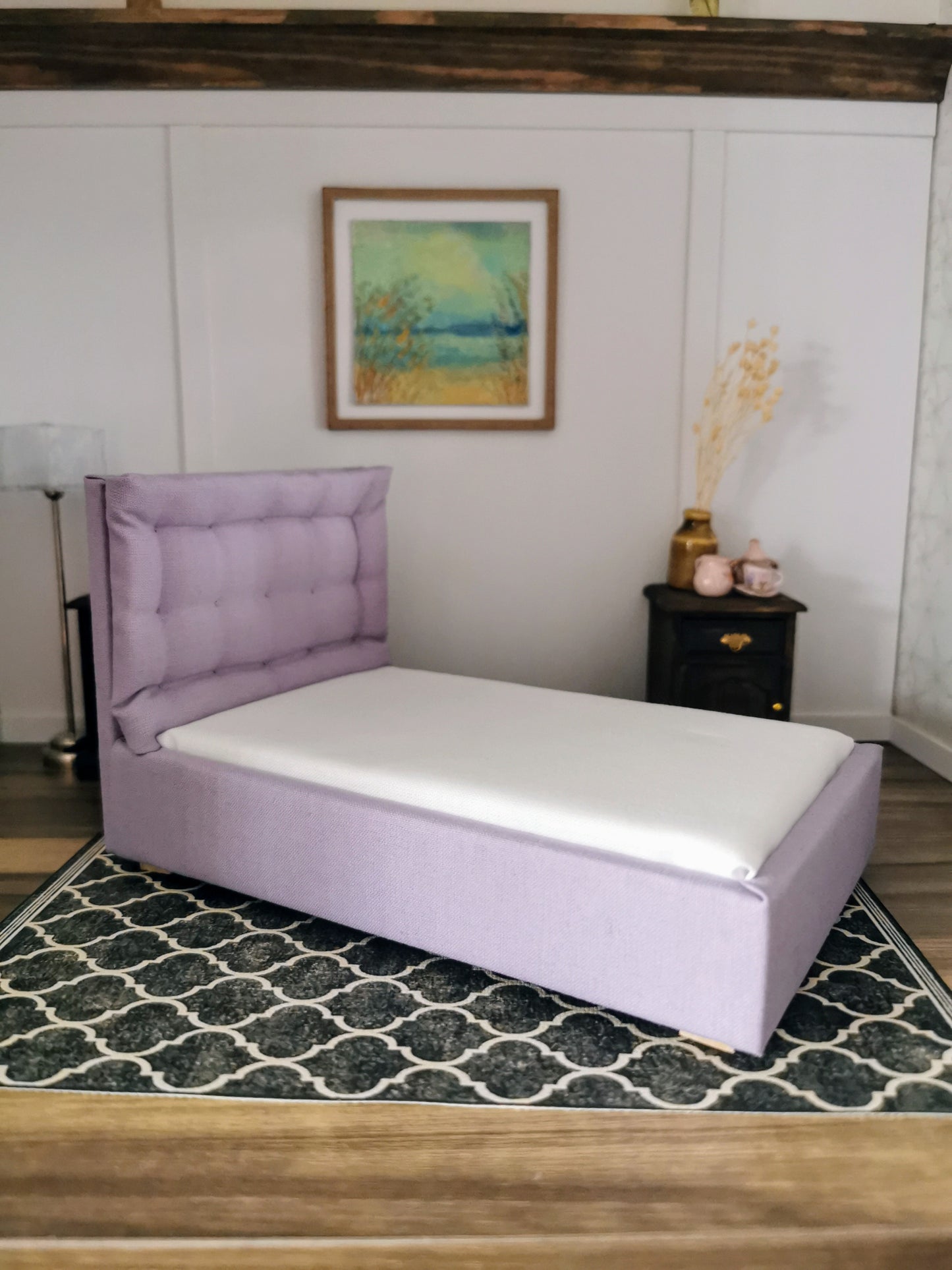 Single Bed with Tufted Headboard in 1:12th Scale | Made To Order | Handmade - ZJ Miniatures