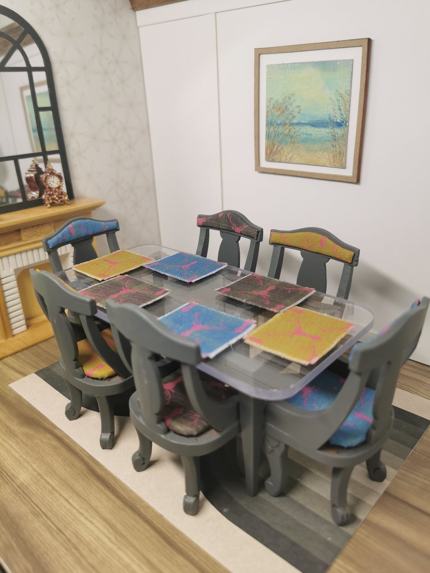 Table & Chairs in Grey with a Stag Print Fabric | 1:12th Scale | Hand Finished