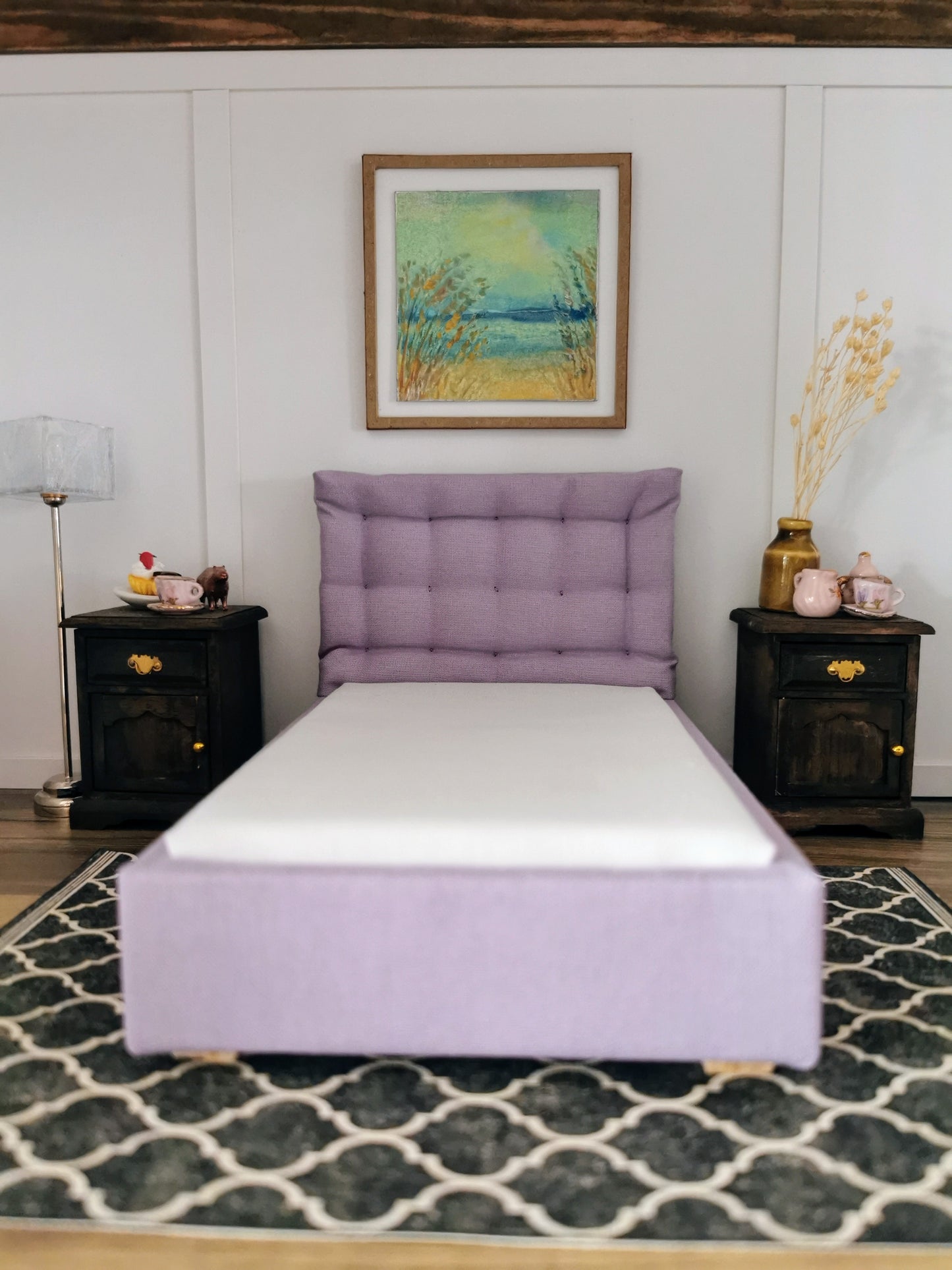 Single Bed with Tufted Headboard in 1:12th Scale | Made To Order | Handmade - ZJ Miniatures