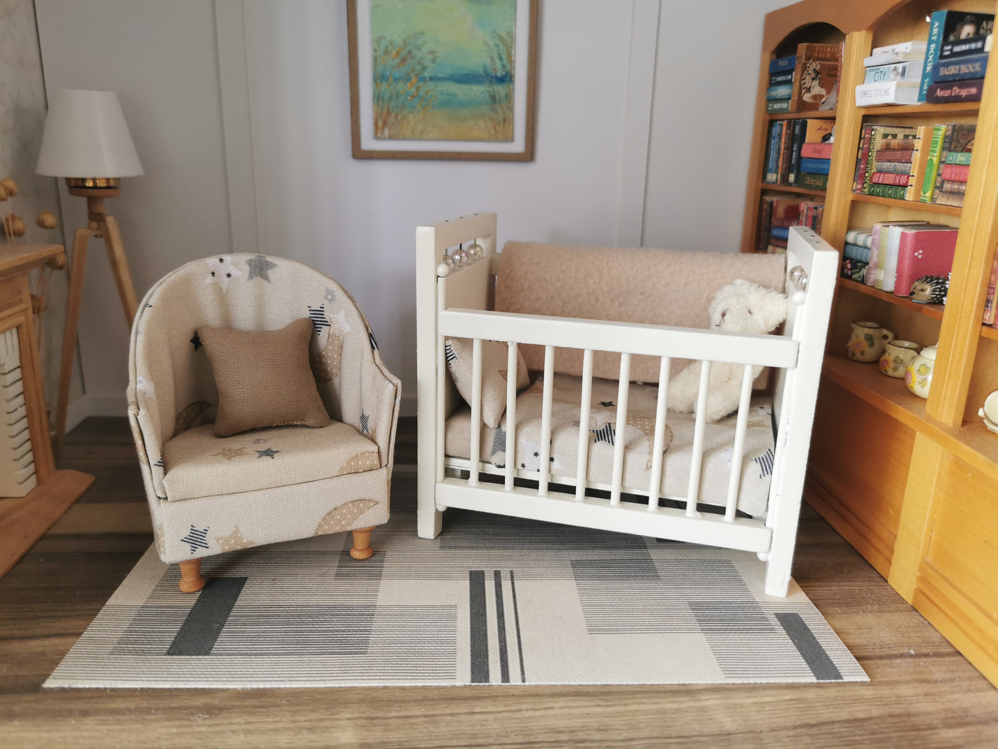 Baby Cot & Tub Chair Set in Neutral Moon & Stars Print | 1:12th Scale | Handmade & Hand Finished