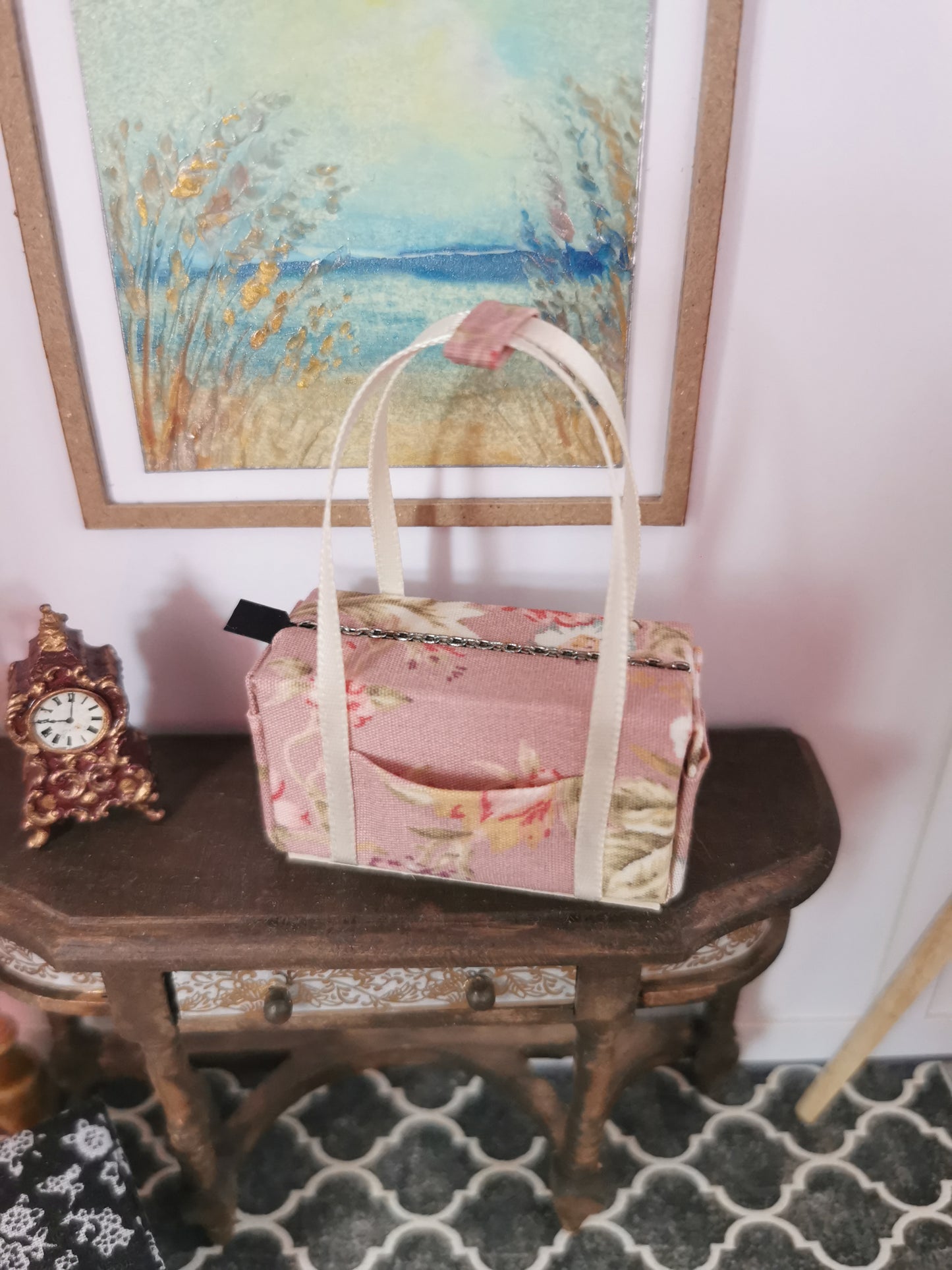 Pink and Cream Floral Fabric Overnight Bag | 1:12th Scale | Handmade