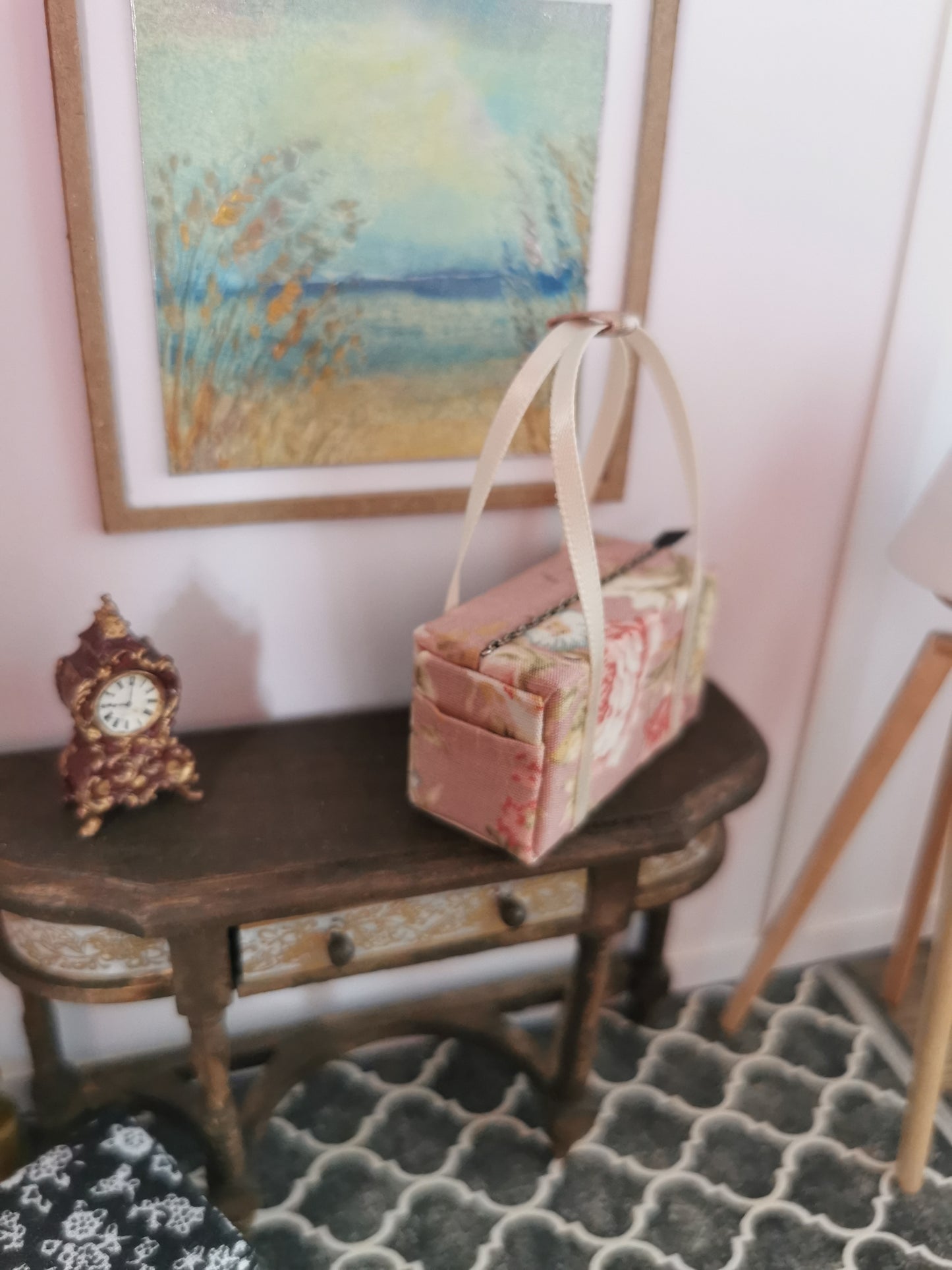 Pink and Cream Floral Fabric Overnight Bag | 1:12th Scale | Handmade