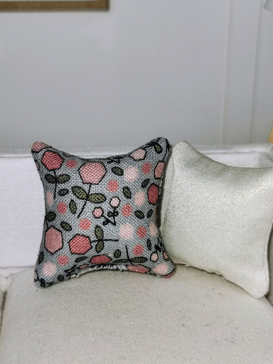 Grey/Pink Floral Print Cushion | 1:12th Scale | Handmade