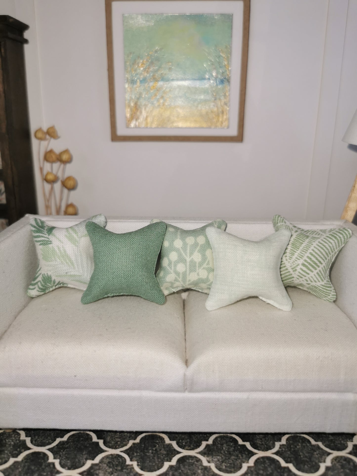 Green Mixed Print Set of 5 Cushions | 1:12th Scale | Handmade