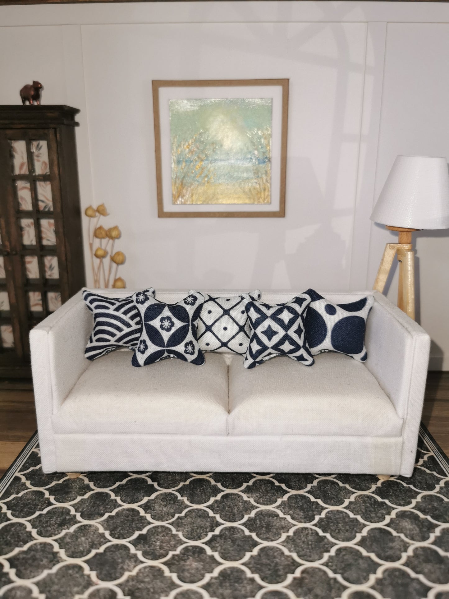 Navy/White Mixed Print Set of 5 Cushions | 1:12th Scale | Handmade