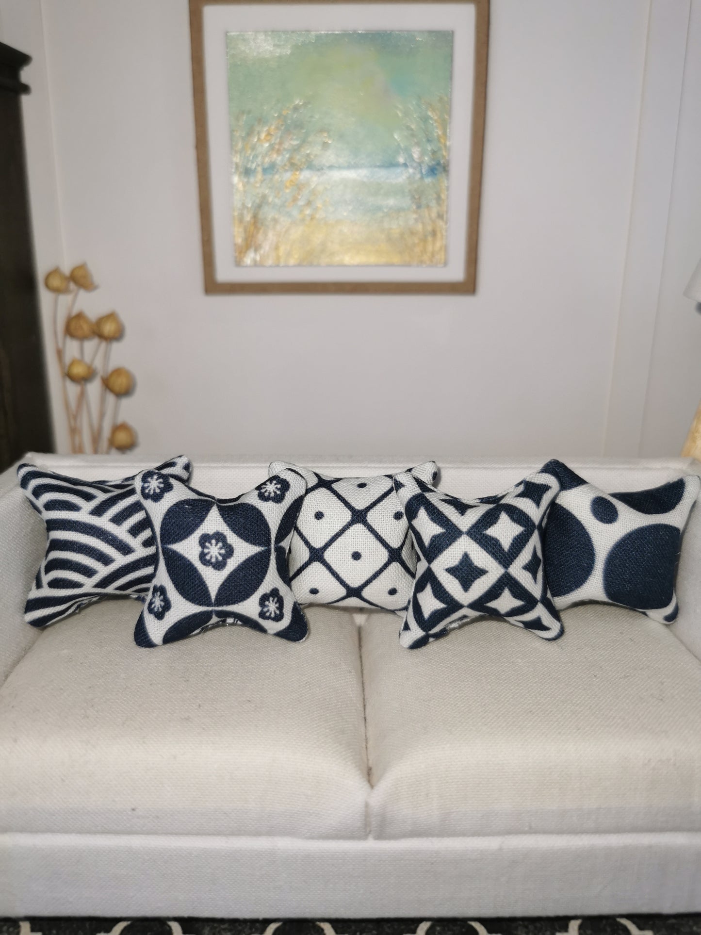 Navy/White Mixed Print Set of 5 Cushions | 1:12th Scale | Handmade