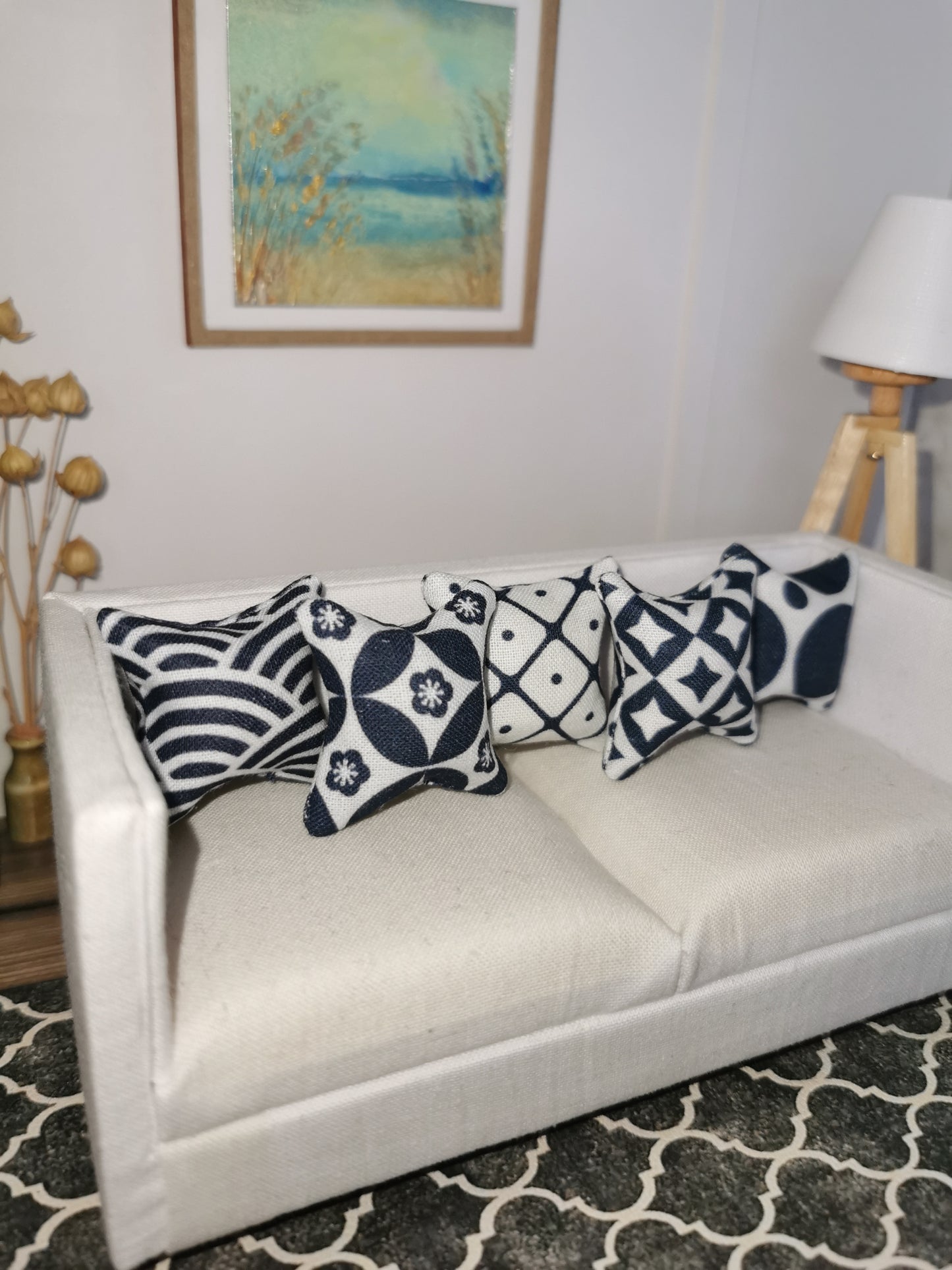 Navy/White Mixed Print Set of 5 Cushions | 1:12th Scale | Handmade