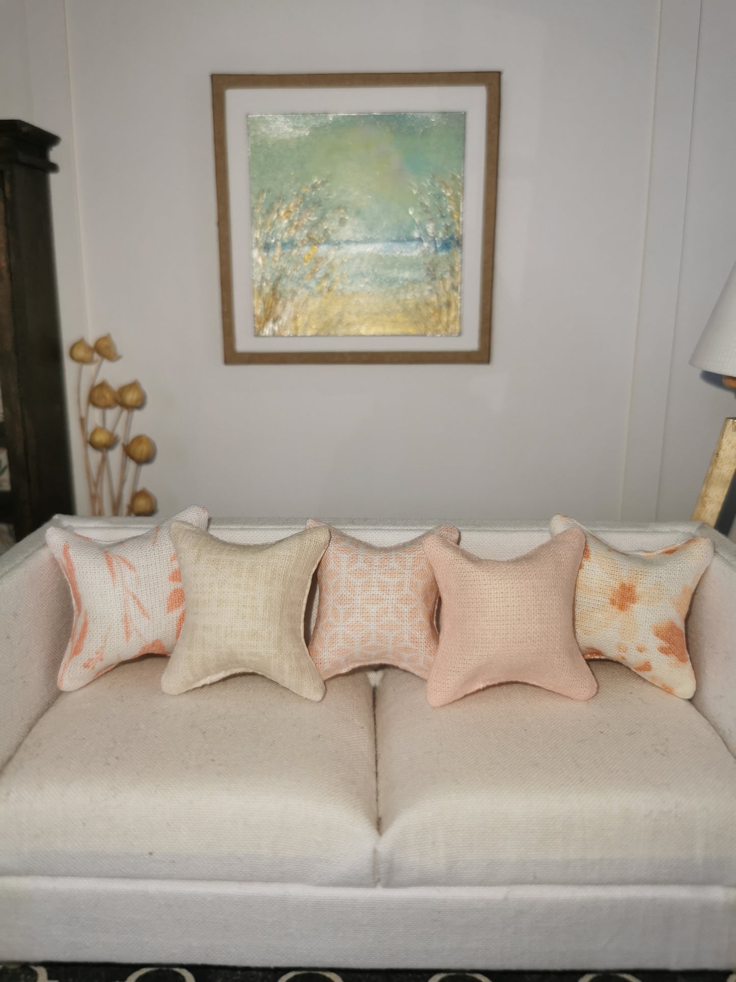 Peach/White Mixed Print Set of 5 Cushions | 1:12th Scale | Handmade