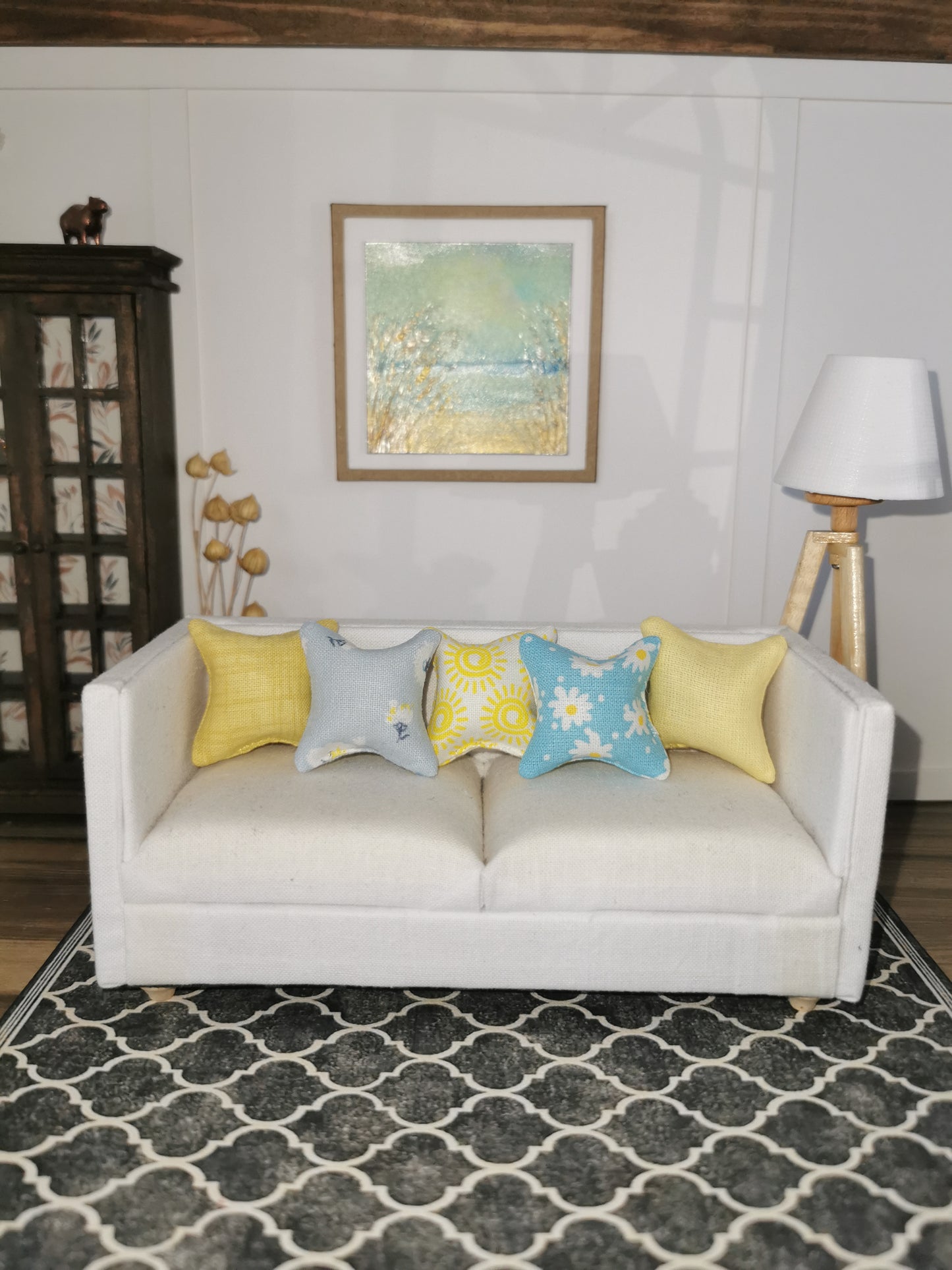 Yellow/Blue Mixed Print Set of 5 Cushions | 1:12th Scale | Handmade