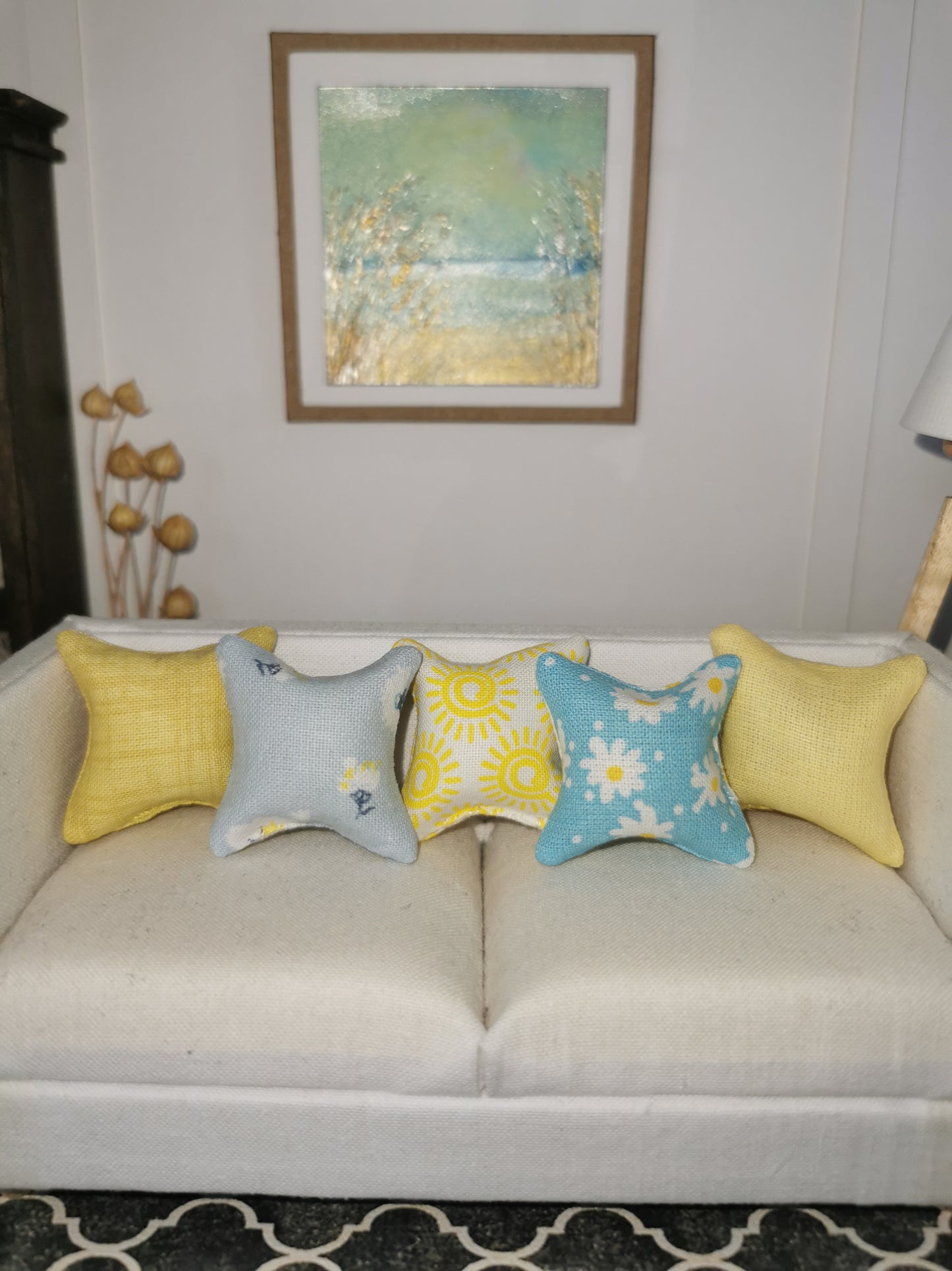 Yellow/Blue Mixed Print Set of 5 Cushions | 1:12th Scale | Handmade