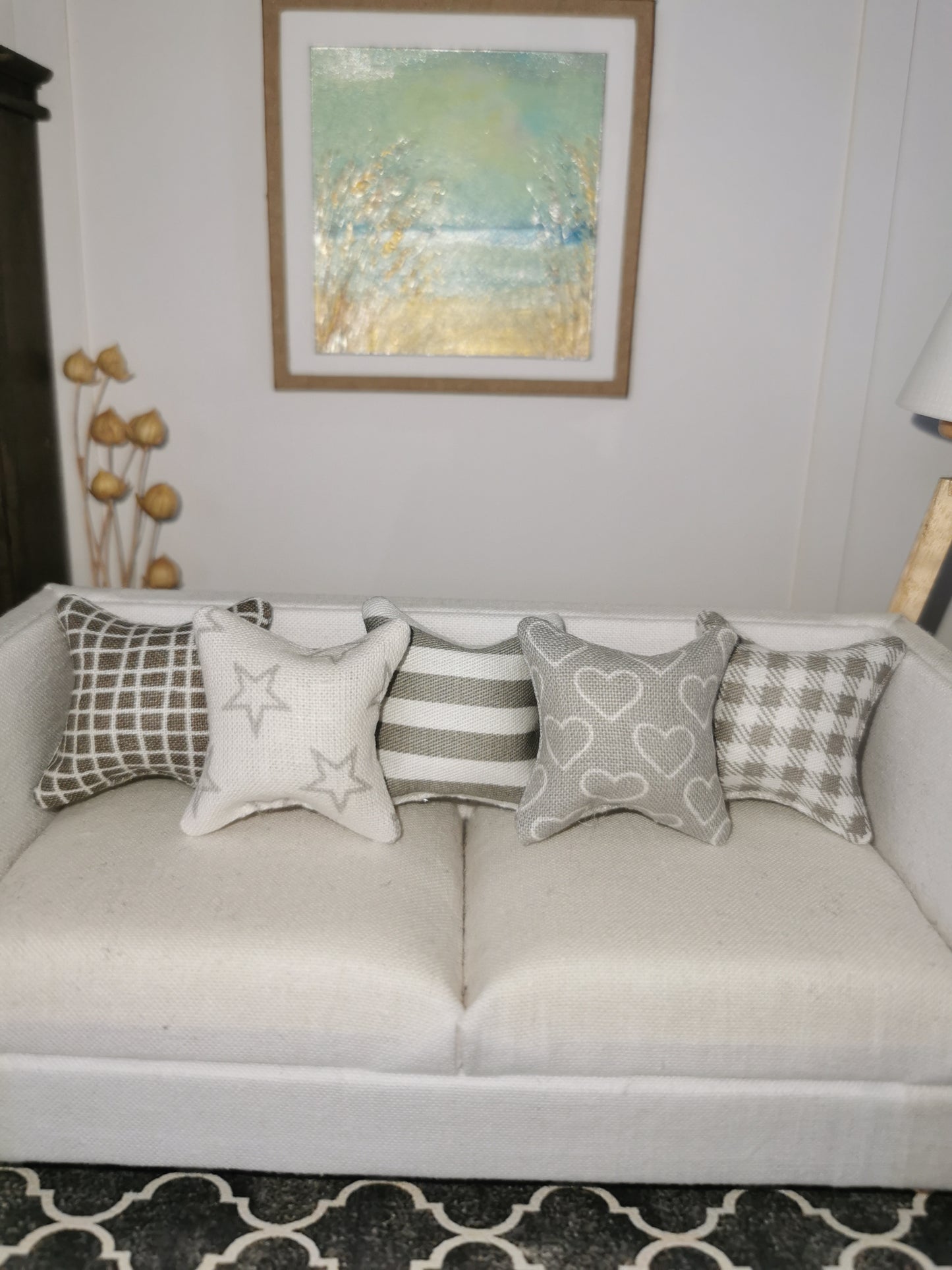 Grey/White Mixed Print Set of 5 Cushions | 1:12th Scale | Handmade