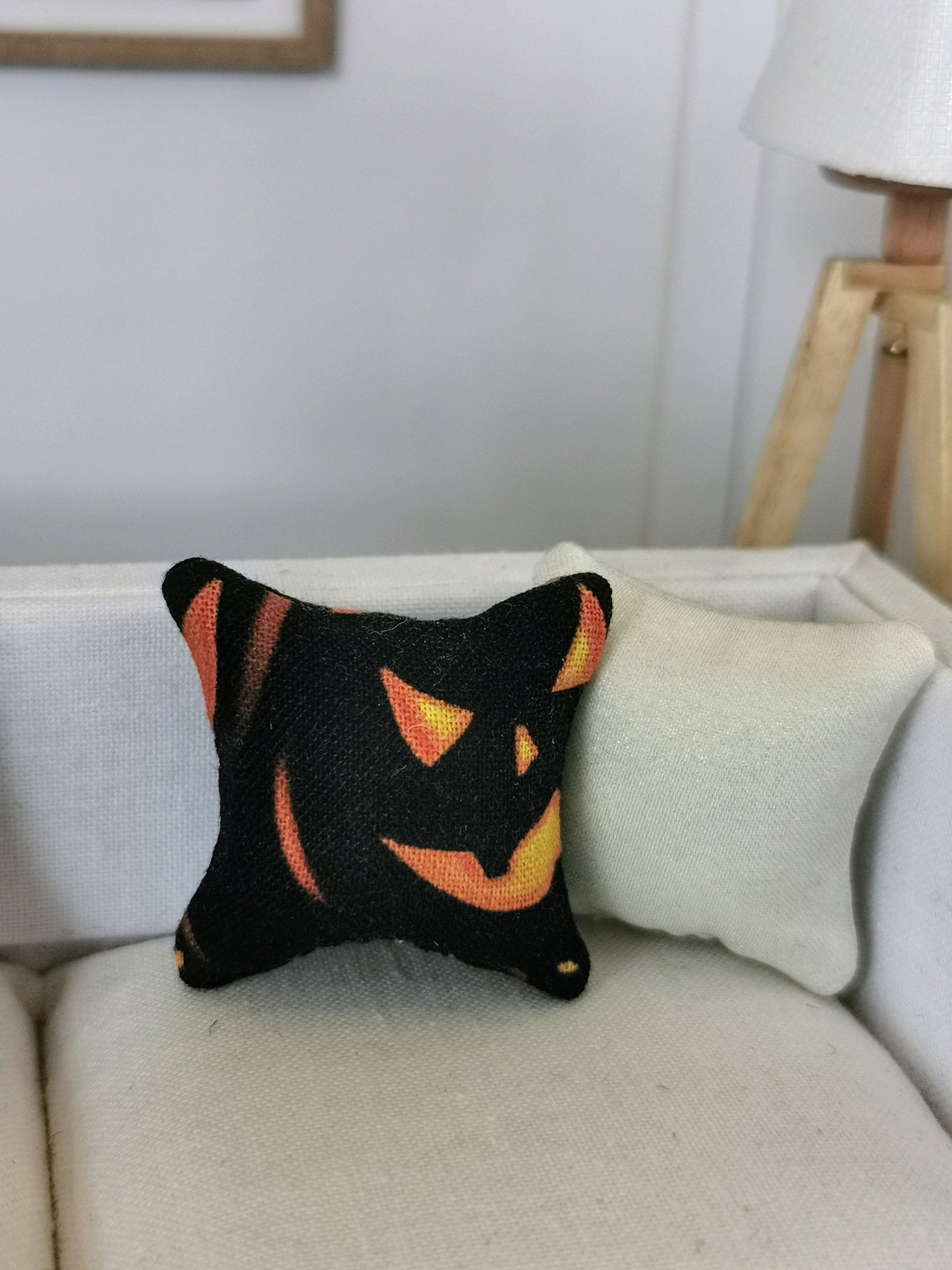 Black/Orange Pumpkin Print Cushion | 1:12th Scale | Handmade