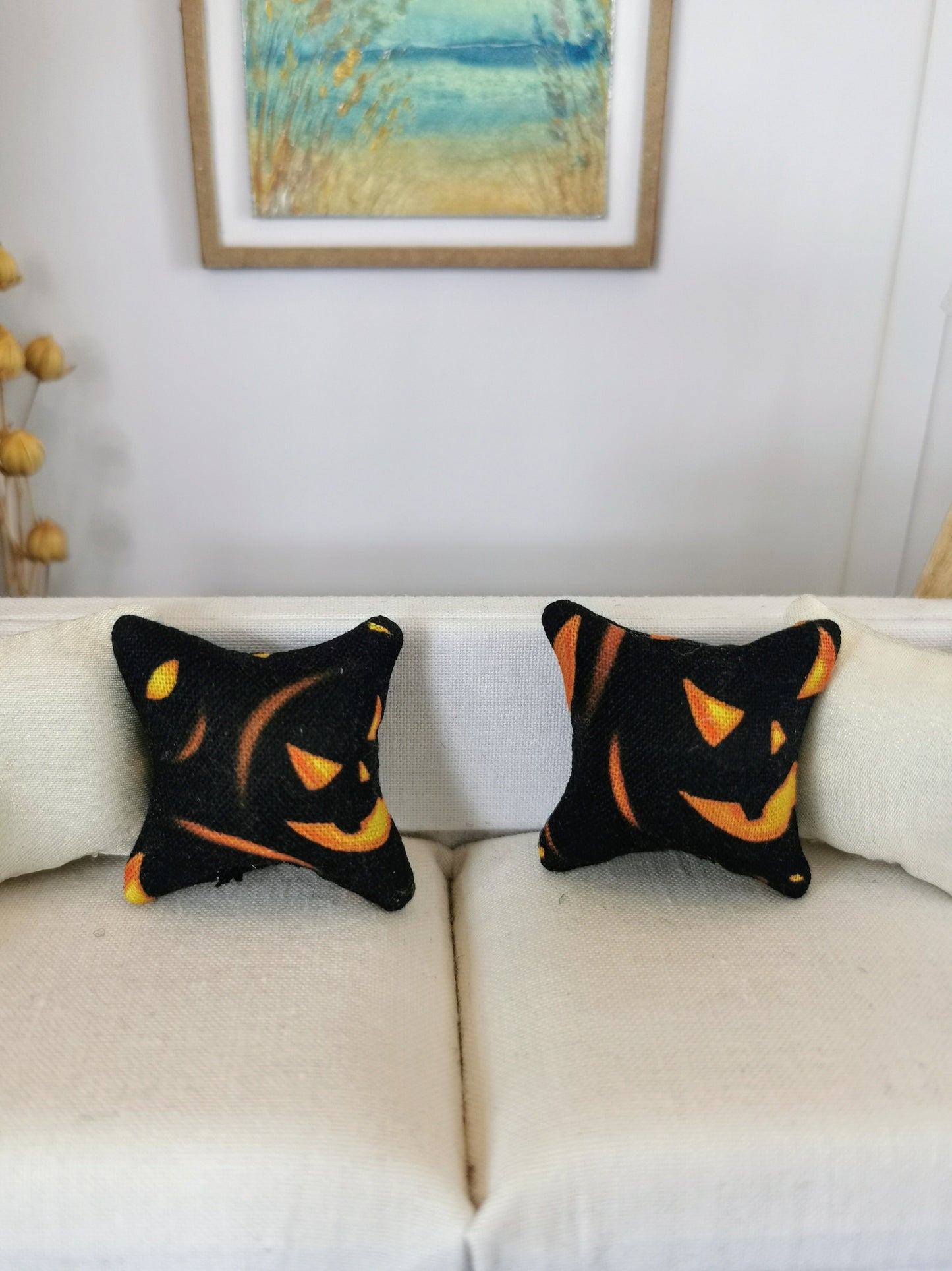 Black/Orange Pumpkin Print Cushion | 1:12th Scale | Handmade