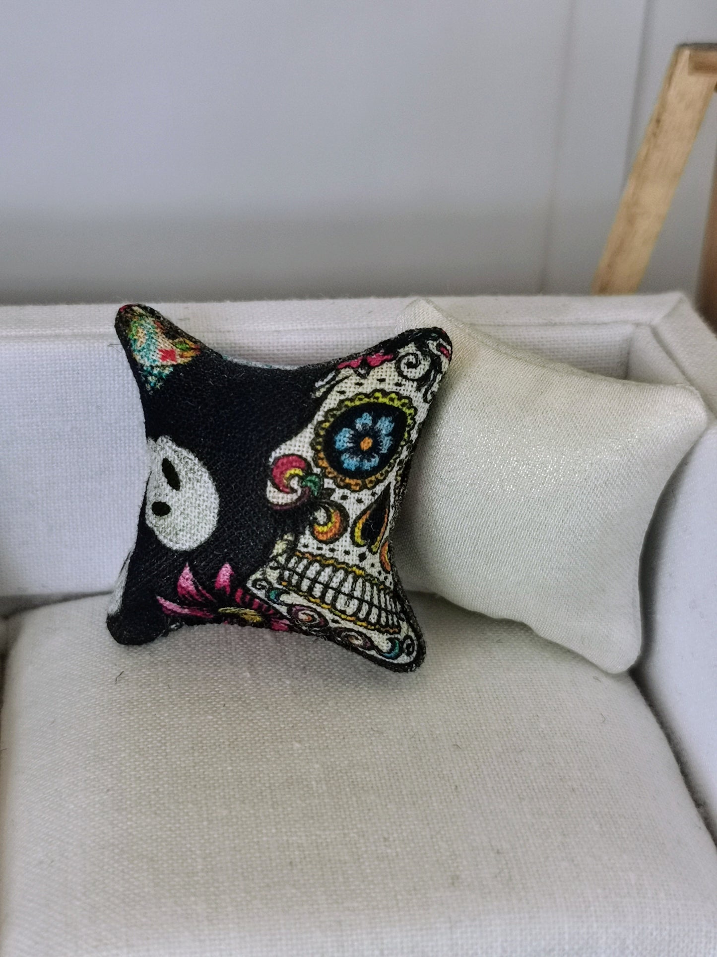 Grey/White Sugar Skull Print Cushion | 1:12th Scale | Handmade