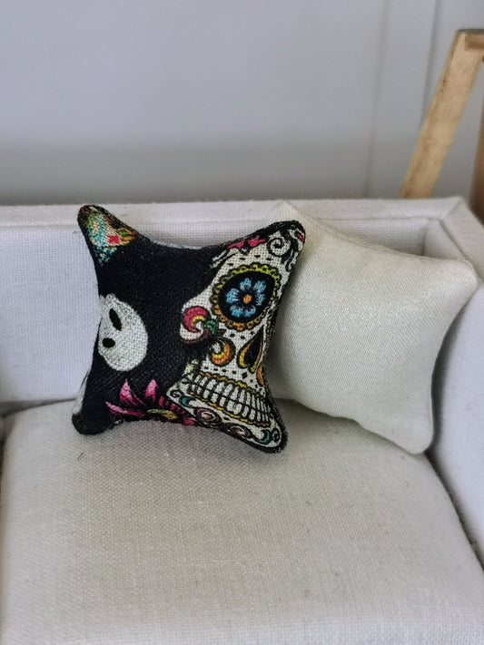 Grey/White Sugar Skull Print Cushion | 1:12th Scale | Handmade