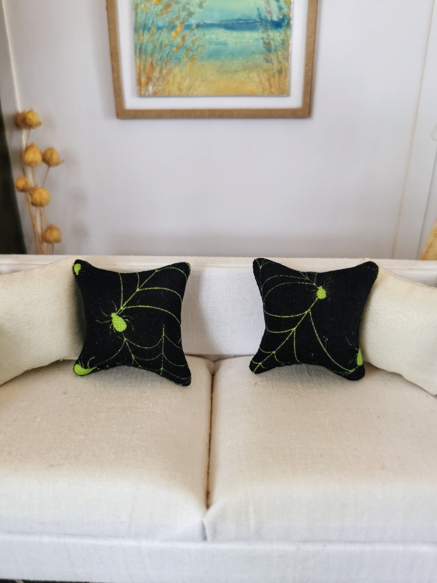 Black/Lime Green Spider Web Print Cushion | 1:12th Scale | Handmade