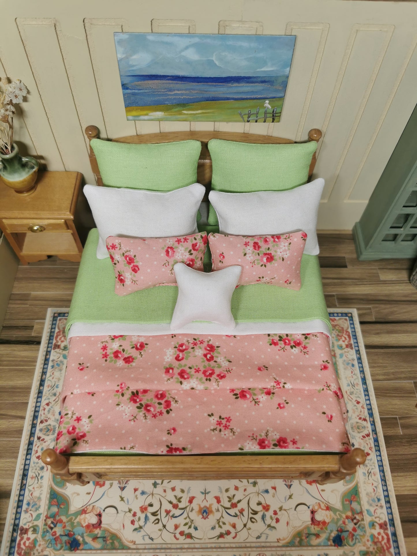 Pink, White & Green Floral Print Bed Linen | 1:12th Scale | Set of 9 | Handmade