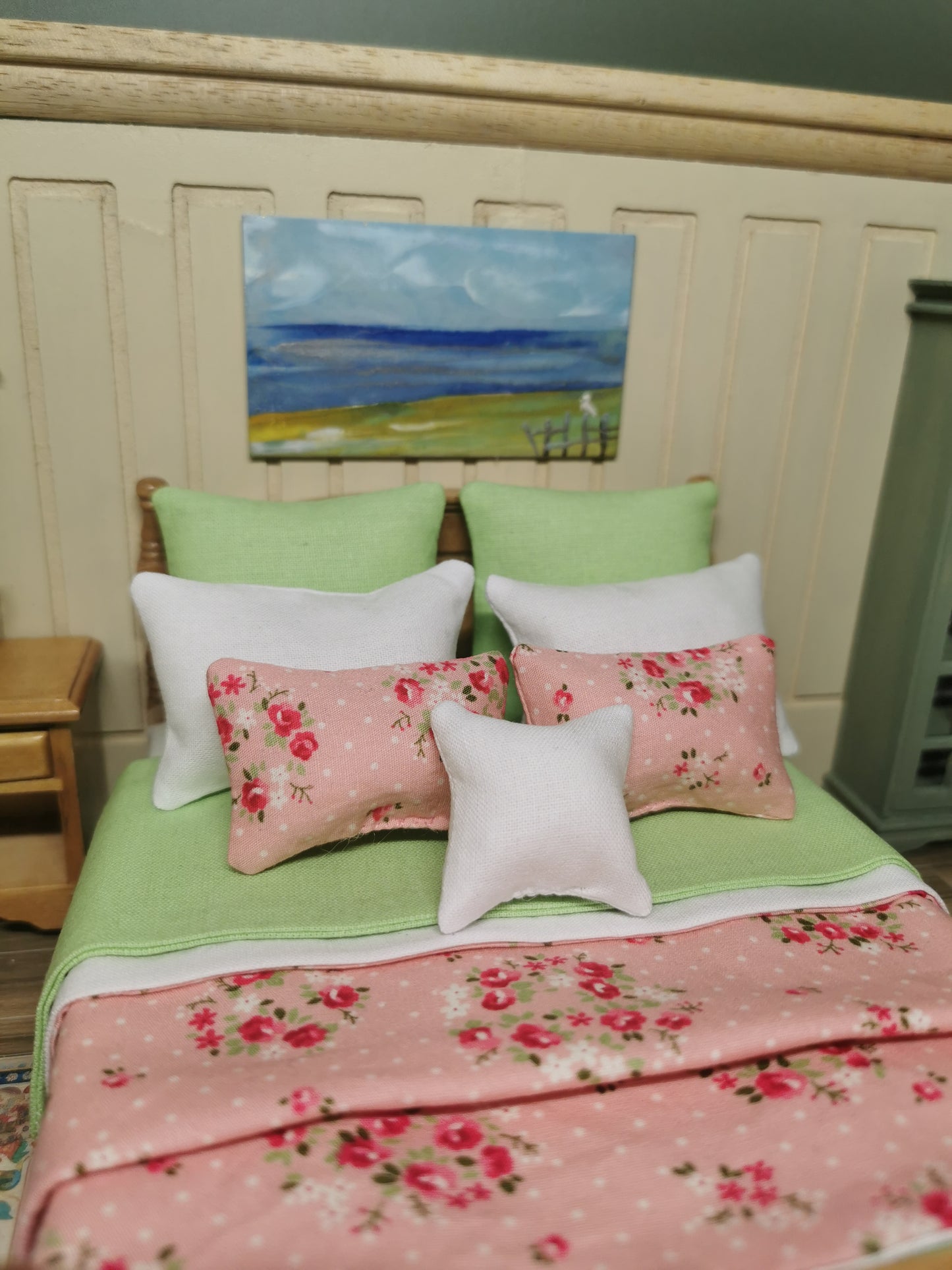 Pink, White & Green Floral Print Bed Linen | 1:12th Scale | Set of 9 | Handmade