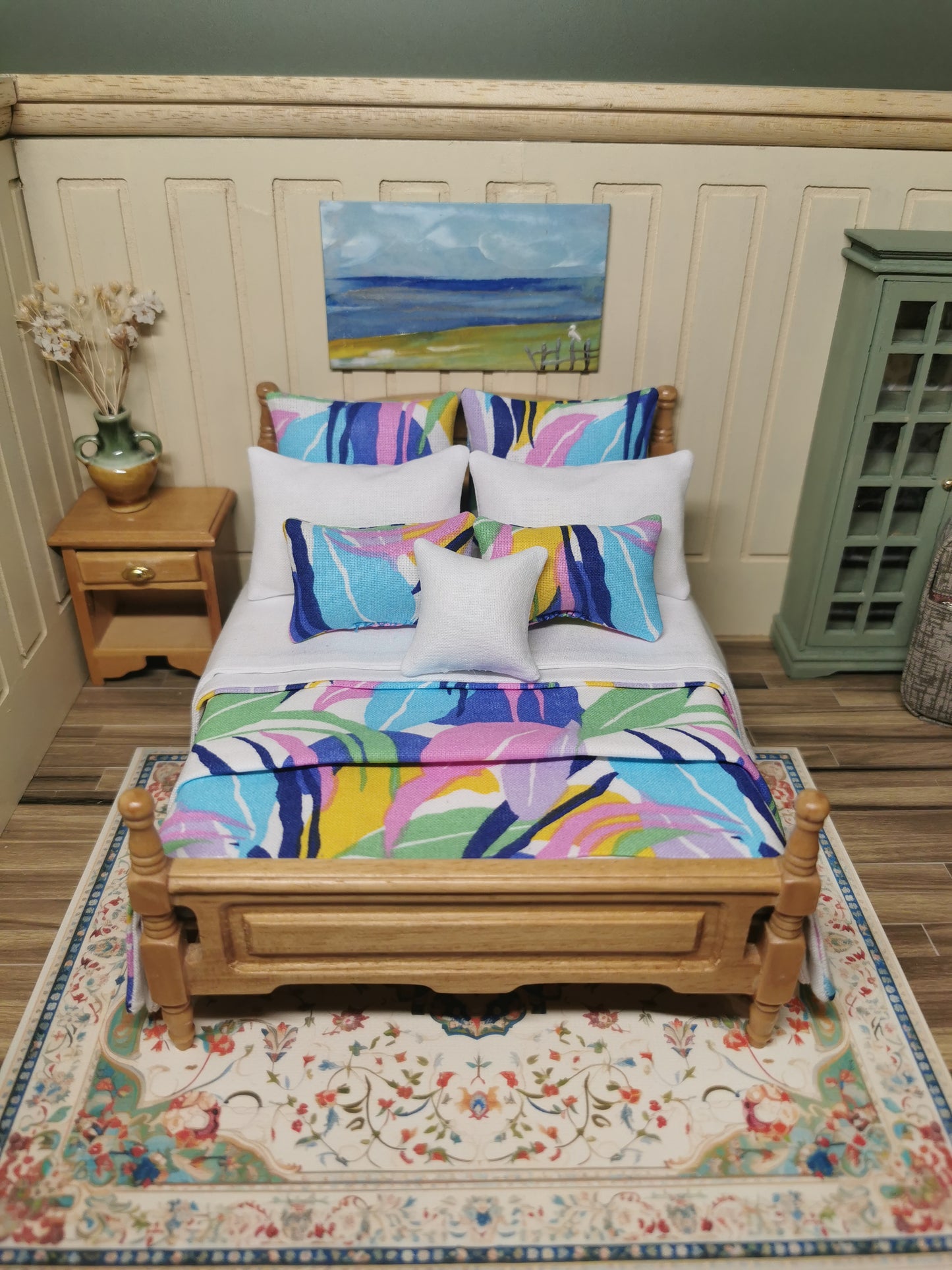 White & Multicoloured Leaf Print Bed Linen | 1:12th Scale | Set of 9 | Handmade