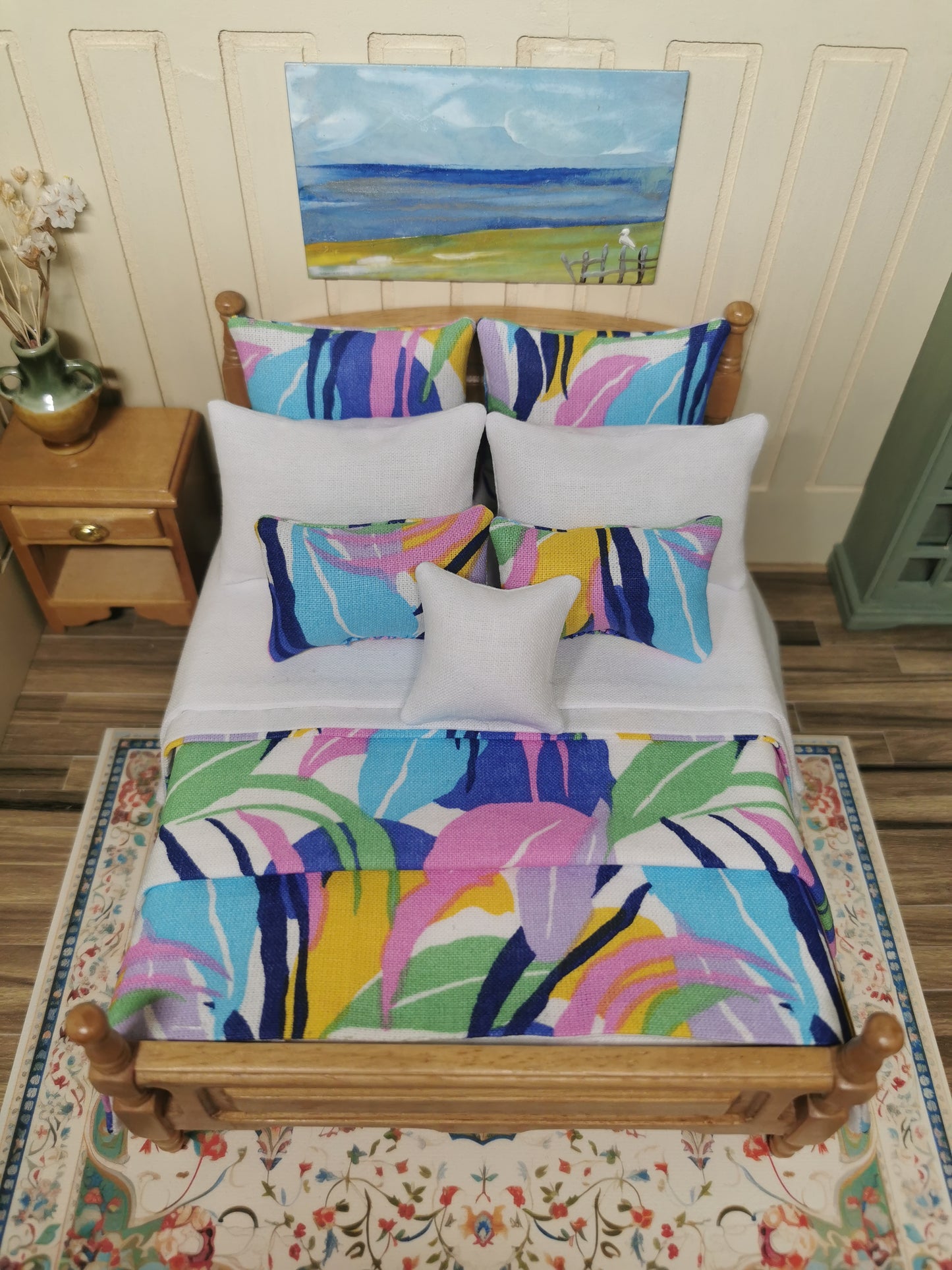 White & Multicoloured Leaf Print Bed Linen | 1:12th Scale | Set of 9 | Handmade